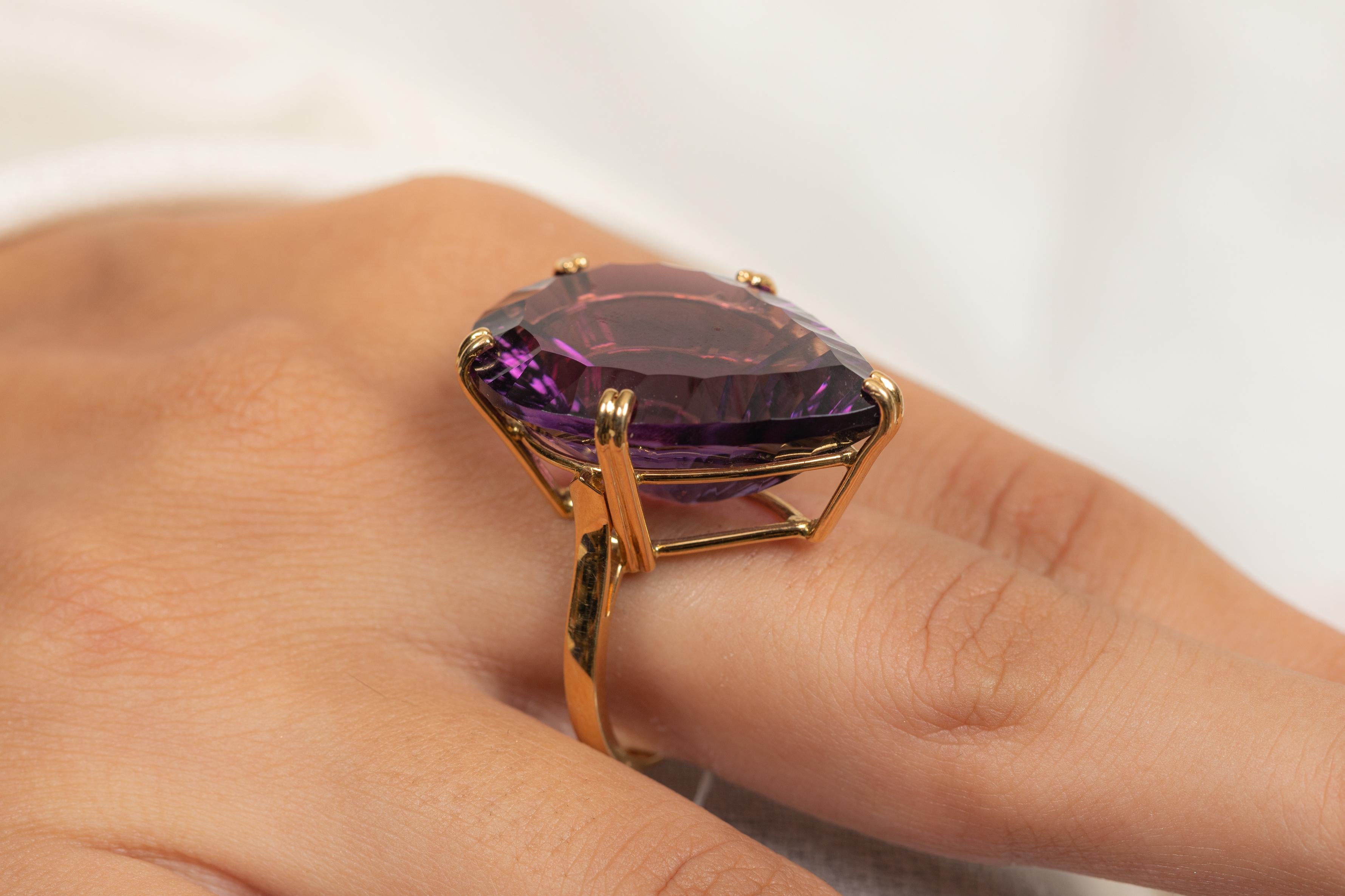 For Sale:  18K Yellow Gold 34.23 Carat Amethyst Cocktail Ring 8