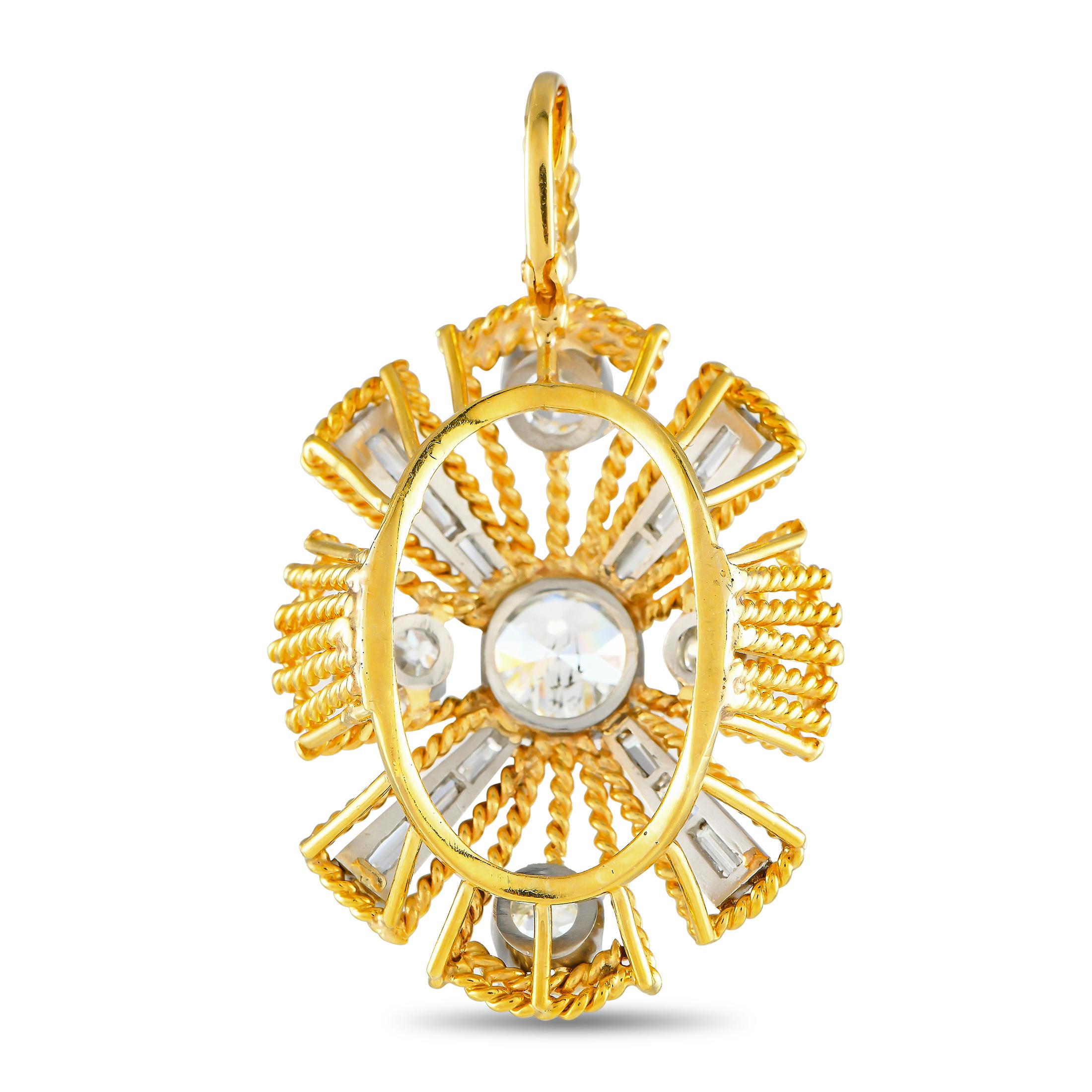 Modeled in the silhouette of a Maltese Cross, this Victorian pendant gleaming in yellow gold makes a bold statement of empowerment. It features four arms dotted with diamonds and four V-shaped bezels detailed with baguette diamonds. Each of the