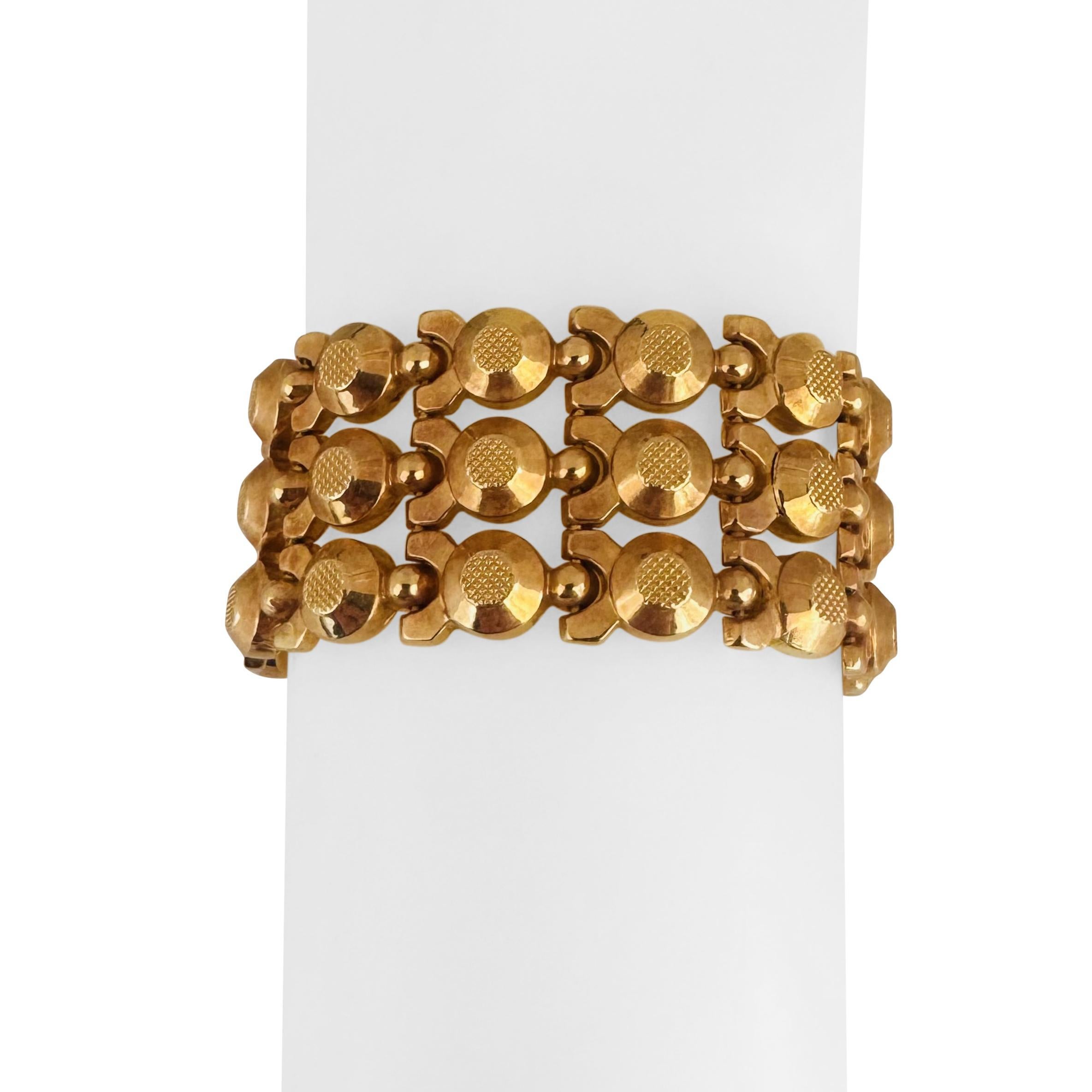 18k Gelbgold 34g Vintage Damen 26mm Breites ausgefallenes Gliederarmband Italien 7,5