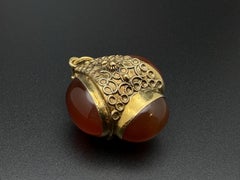 18K Yellow Gold 35 CT Orange Carnelian Filigree Fob Pendant