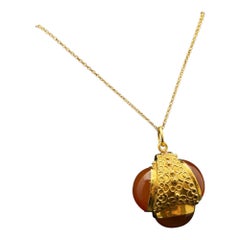 18K Yellow Gold 35 CT Orange Carnelian Filigree Fob Pendant