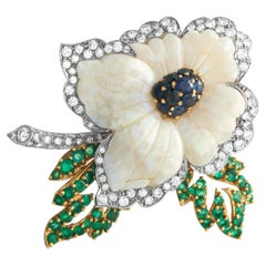 18K Yellow Gold 3.50ct Diamond, Emerald and Sapphire Flower Brooch MF08-013026