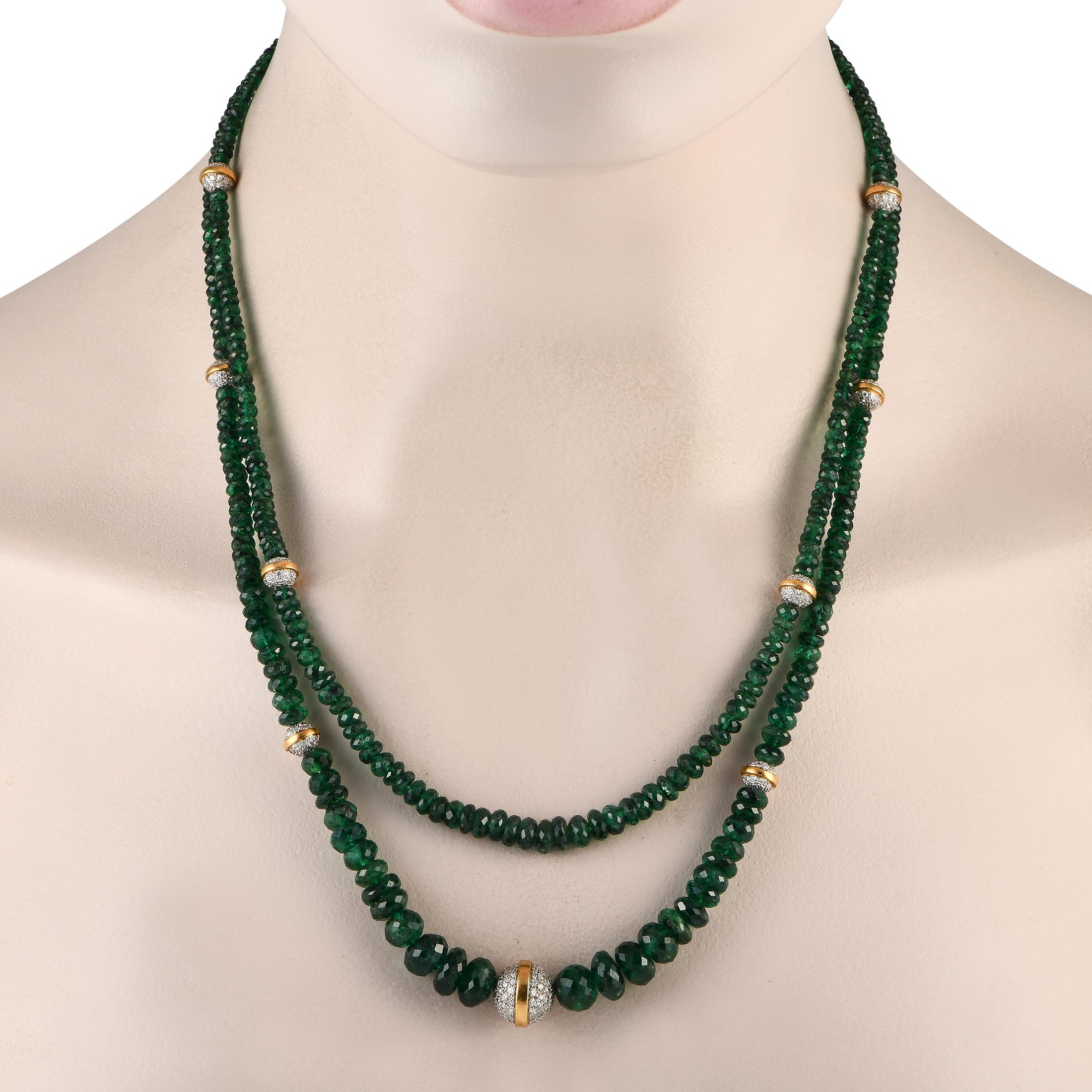 Emerald gemstones with a total weight of 185.0 carats make this necklace endlessly impressive. On this multi-layered piece  which measures 20 long  18K Yellow Gold orbs accented by sparkling Diamonds with a total weight of 3.54 carats add extra