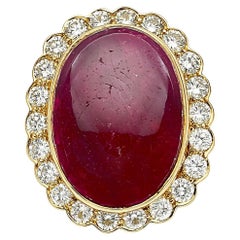 18K Yellow Gold 35.7ct Ruby Cabochon & 2.2ct Diamond Ring Size 10 20.9g