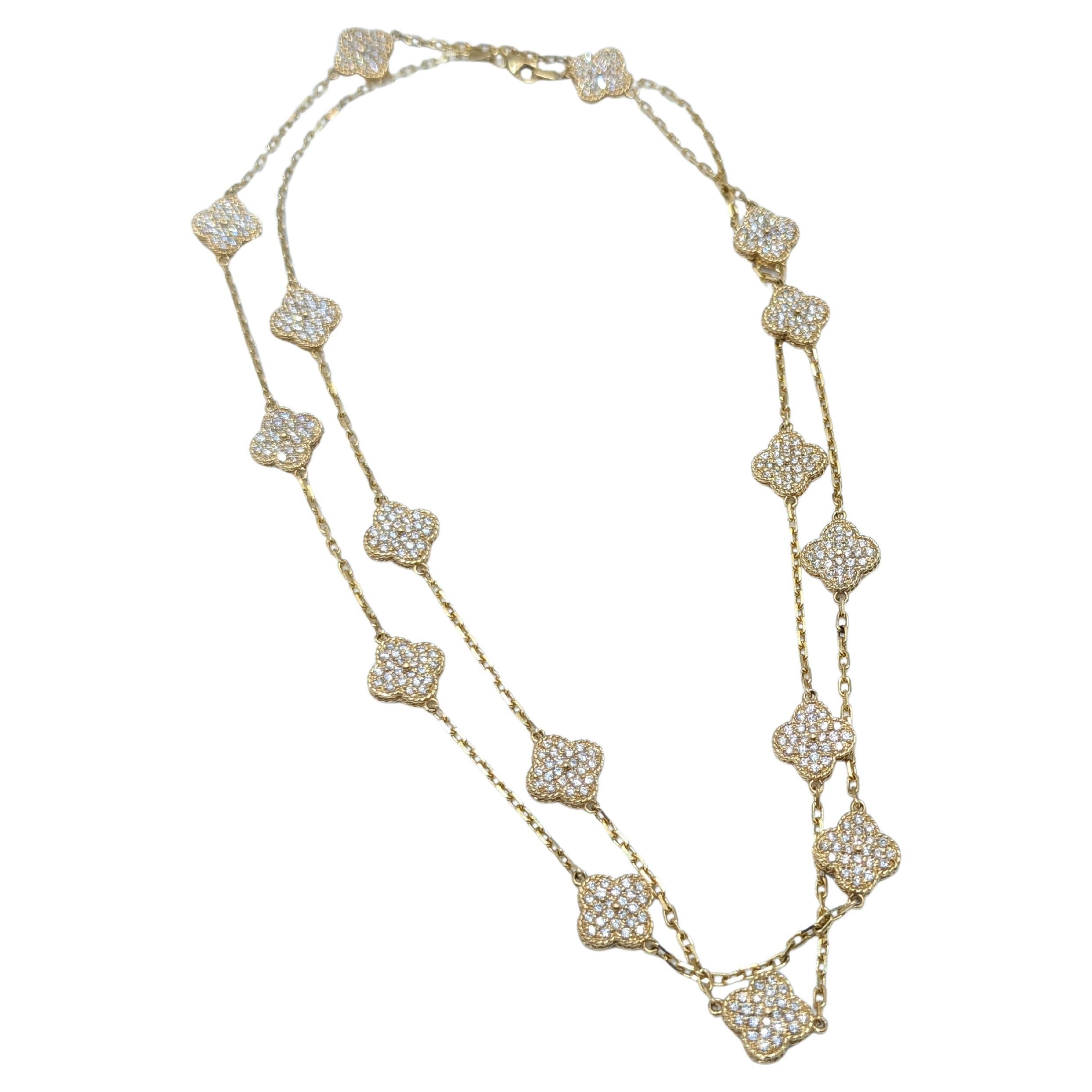 18K Yellow Gold 36" Double Sided Diamond Multi-Clover Necklace For Sale