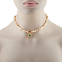 18K Yellow Gold 3.65ct Diamond, Emerald, and Ruby Cultured Pearl Necklace