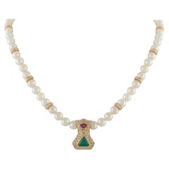 18K Yellow Gold 3.65ct Diamond, Emerald, and Ruby Cultured Pearl Necklace