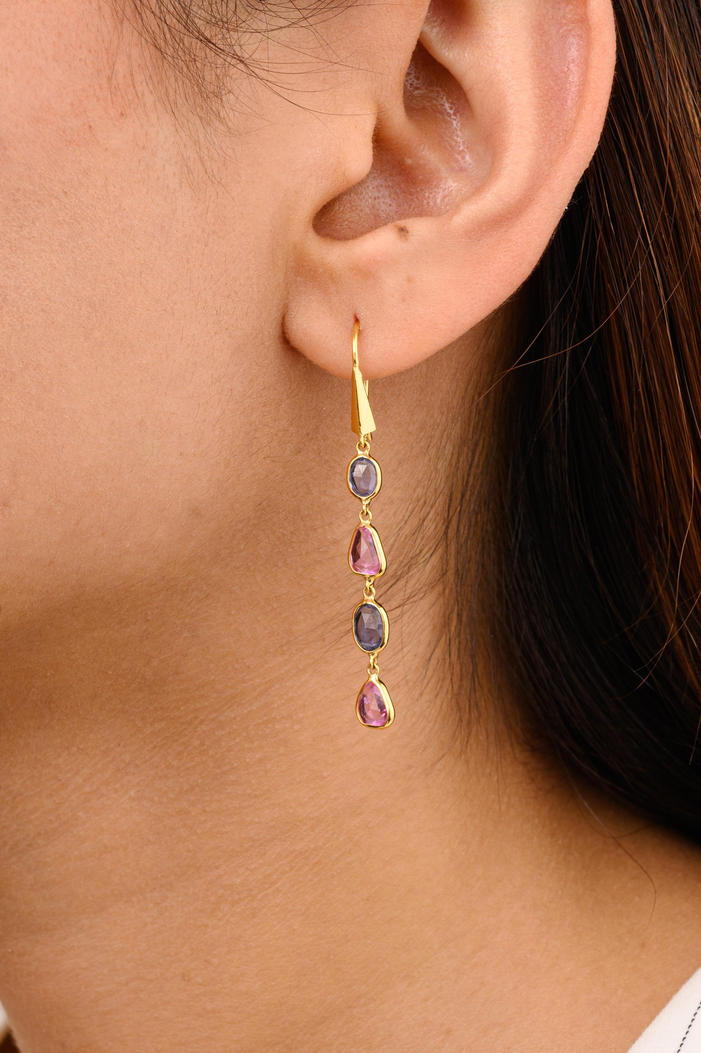 3.66 Carats Multi Sapphire Chain Drop Earrings for Girlfriend in 18K Gold to make a statement with your look. You shall need drop earrings to make a statement with your look. These earrings create a sparkling, luxurious look featuring uneven cut