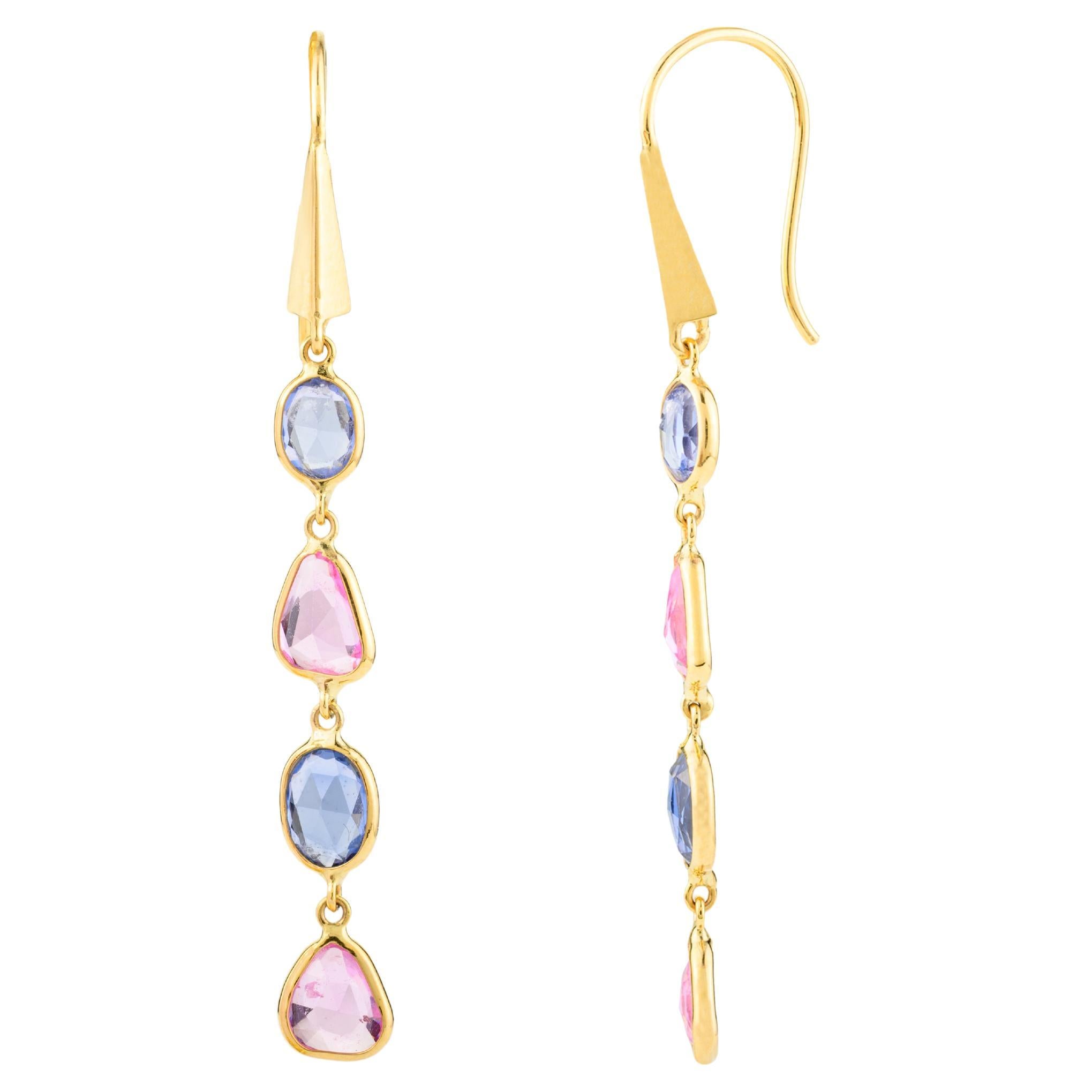 18k Yellow Gold 3.66 Carats Multi Sapphire Chain Drop Earrings for Girlfriend For Sale