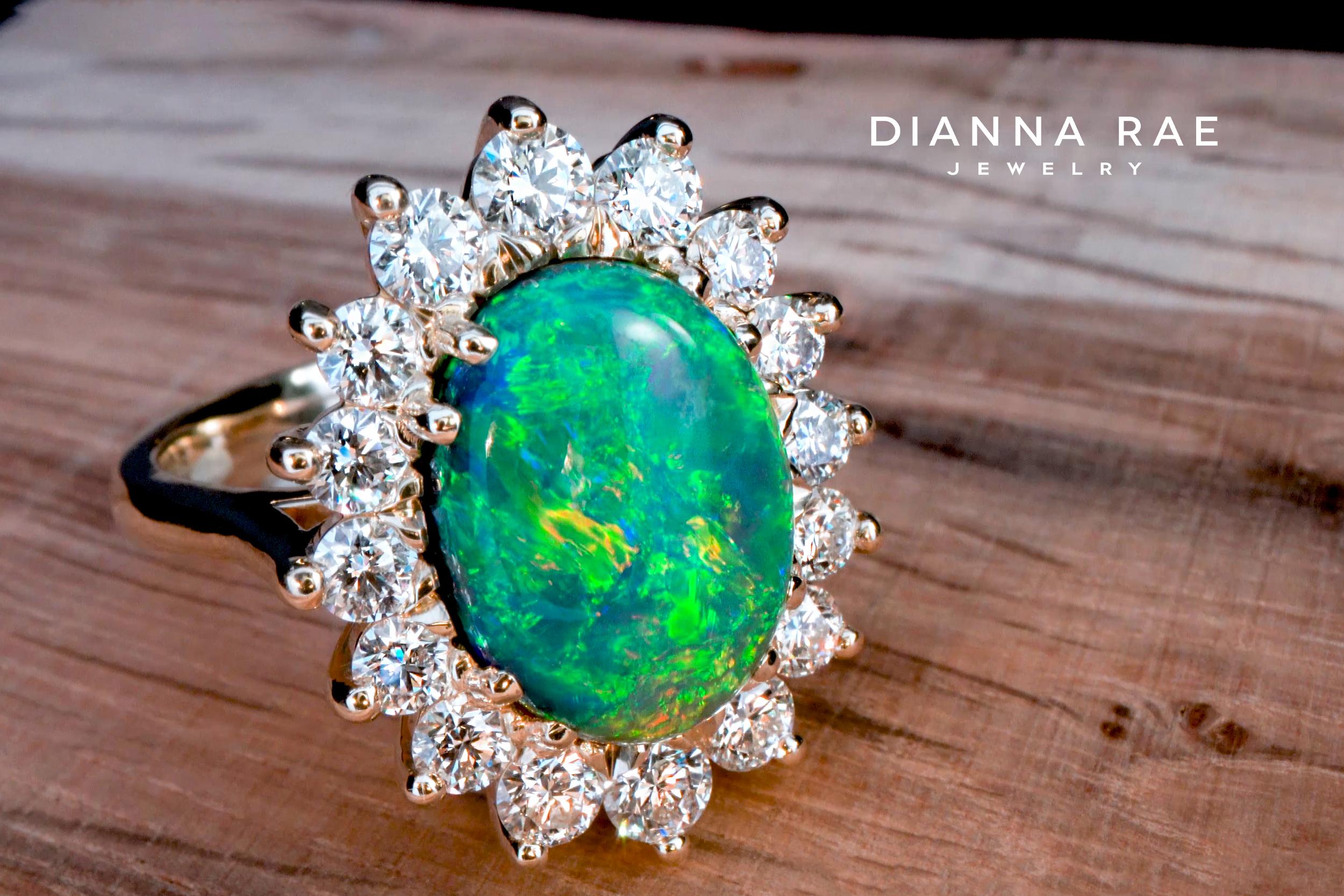 18k Gold 3.69 Carat Black Opal Cocktail Ring 1.14 Carat Diamond Cluster Halo In New Condition For Sale In Lafayette, LA