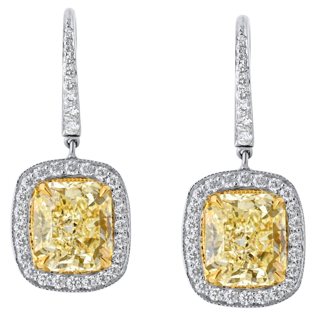 18K Yellow Gold 3.73cttw Radiant Cut Fancy Yellow Diamond Dangling Earrings