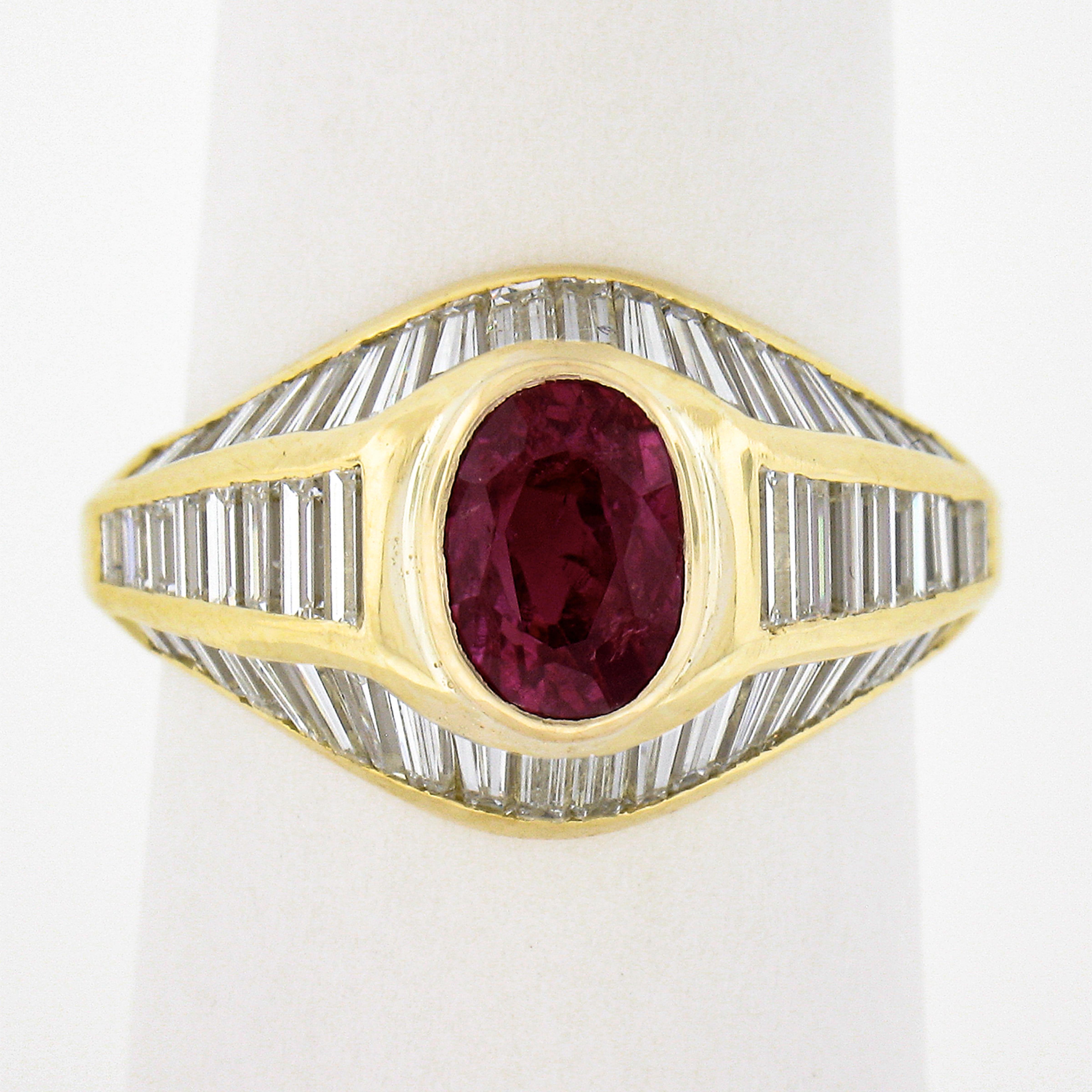 Oval Cut 18k Yellow Gold 3.85ct Gia Burma No Heat Ruby Baguette Cut Diamond Cocktail Ring For Sale