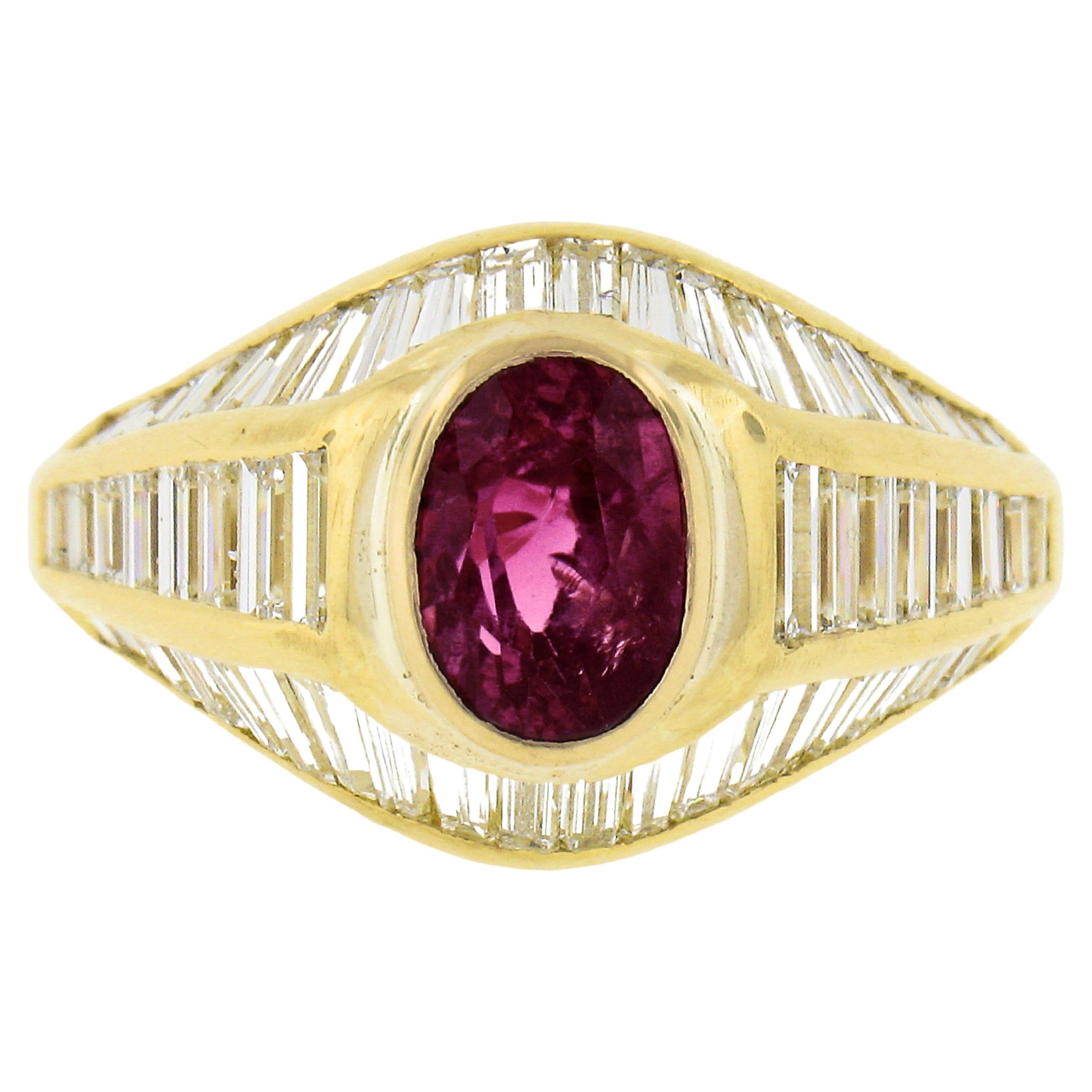 18k Yellow Gold 3.85ct Gia Burma No Heat Ruby Baguette Cut Diamond Cocktail Ring For Sale