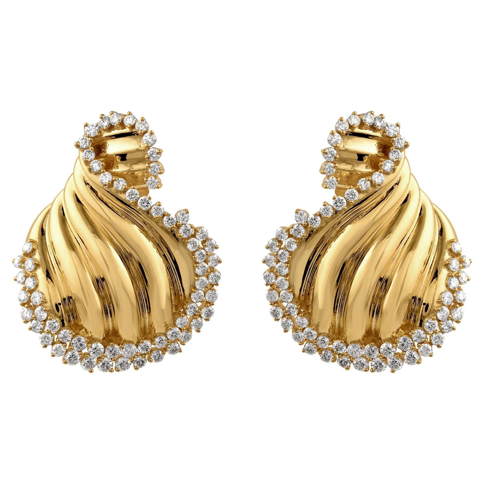 18k Yellow Gold 3.86 Carat SI Clarity HI Color Diamond Swirl Drop Earrings For Sale
