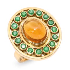 18k Yellow Gold 3.87ct Citrine Cabochon and Emerald Statement Ring
