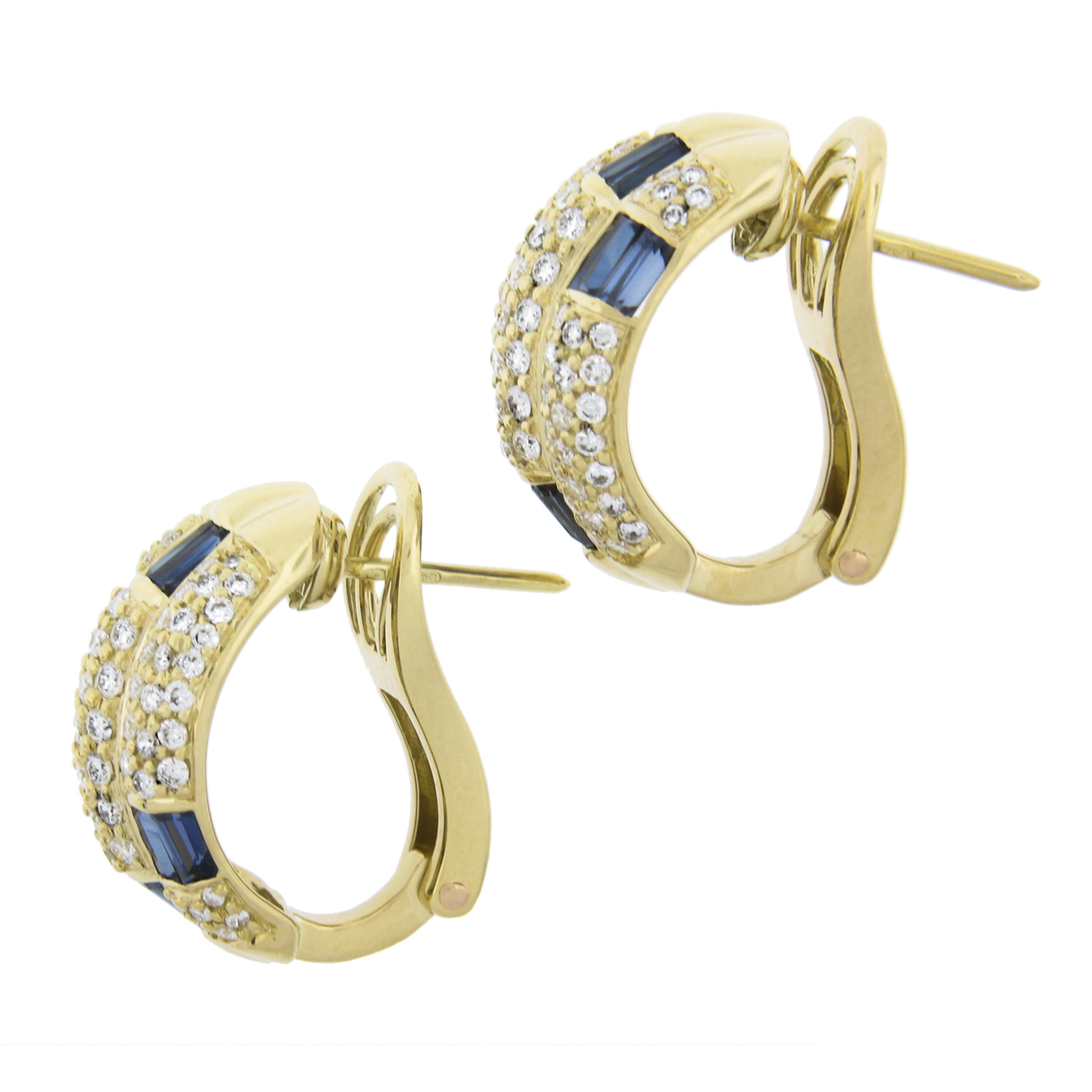 Baguette Cut 18k Yellow Gold 3.8ctw Sapphire & Diamond 3 Row Swivel Posts Cuff Earrings For Sale
