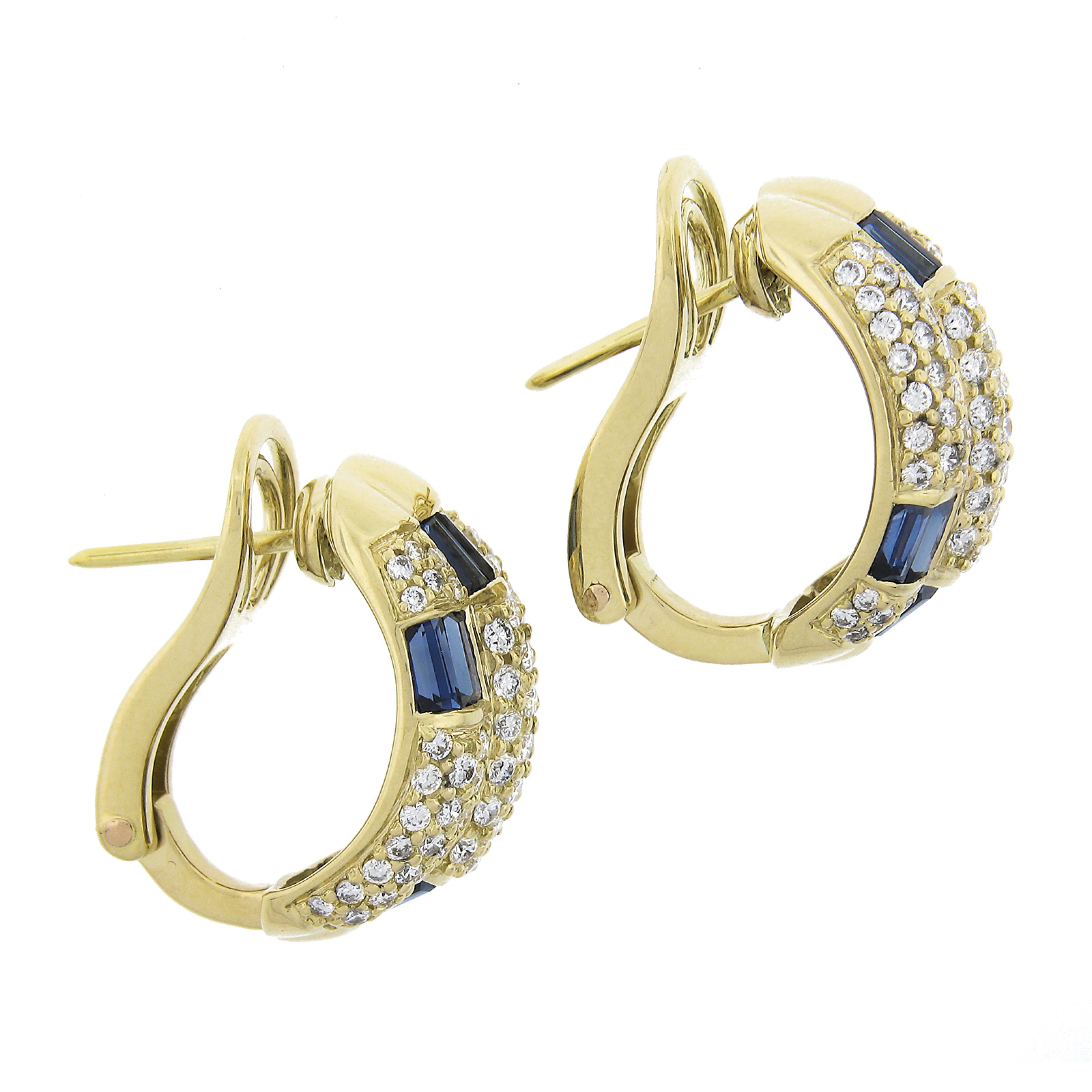 18k Yellow Gold 3.8ctw Sapphire & Diamond 3 Row Swivel Posts Cuff Earrings In Excellent Condition For Sale In Montclair, NJ