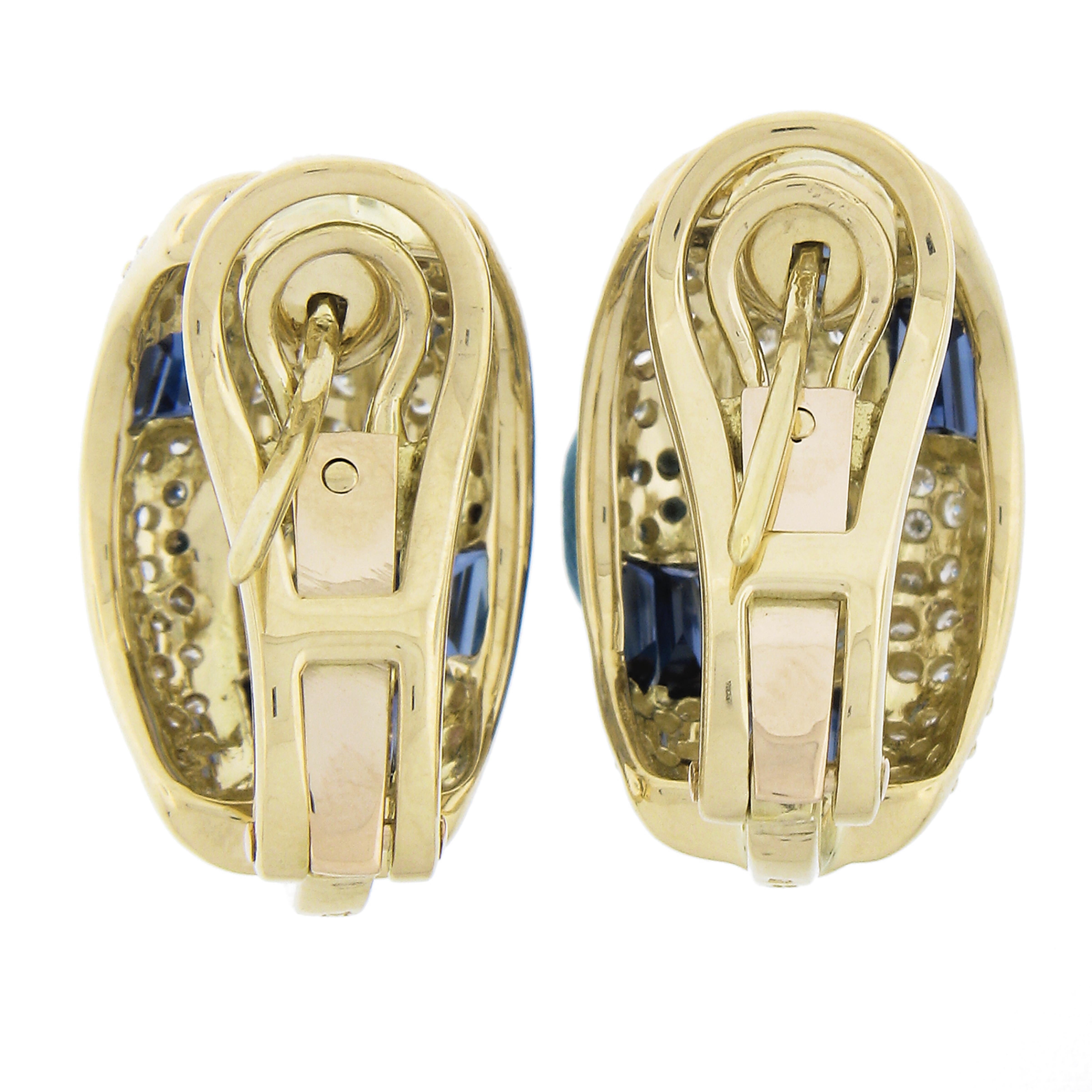 Women's 18k Yellow Gold 3.8ctw Sapphire & Diamond 3 Row Swivel Posts Cuff Earrings For Sale