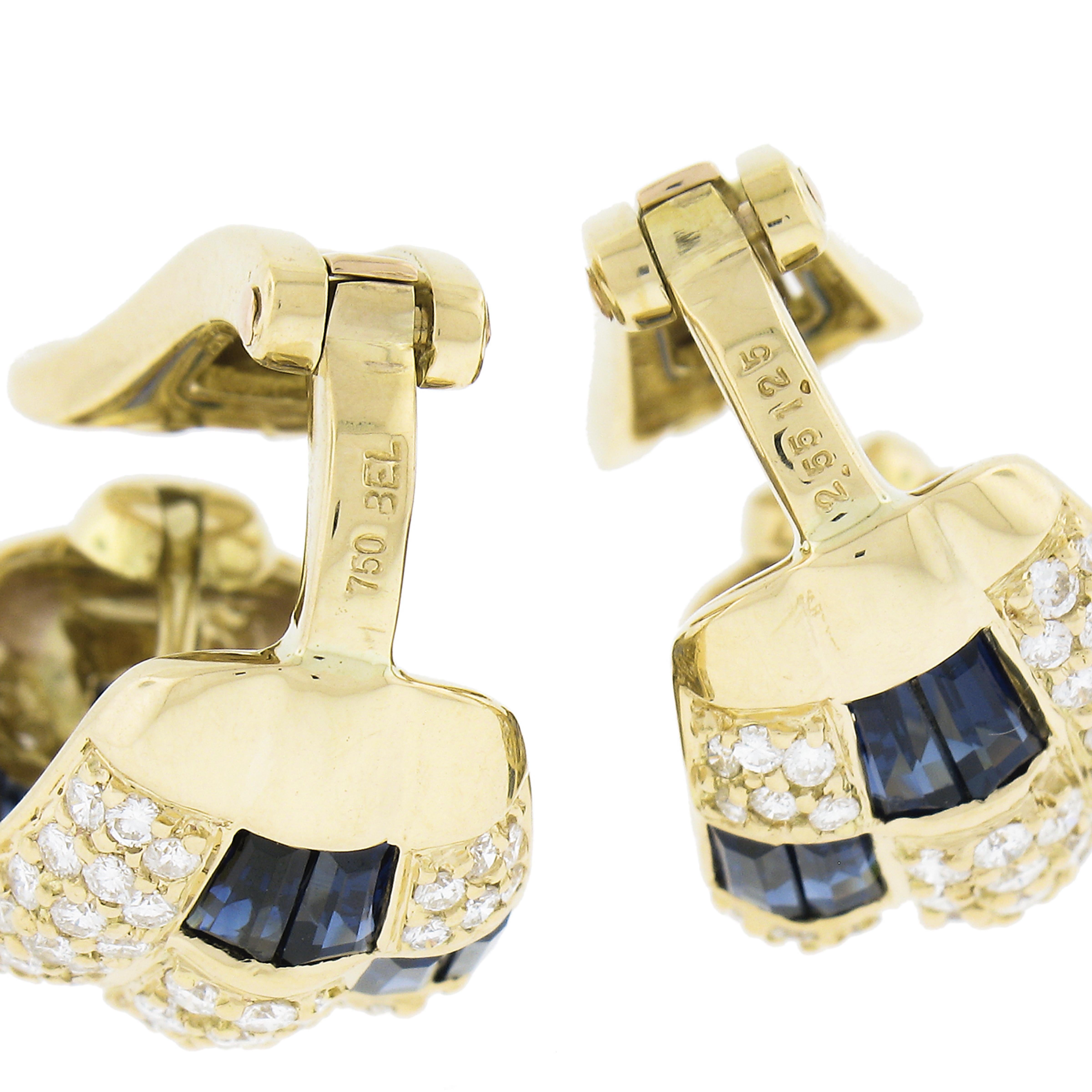 18k Yellow Gold 3.8ctw Sapphire & Diamond 3 Row Swivel Posts Cuff Earrings For Sale 2