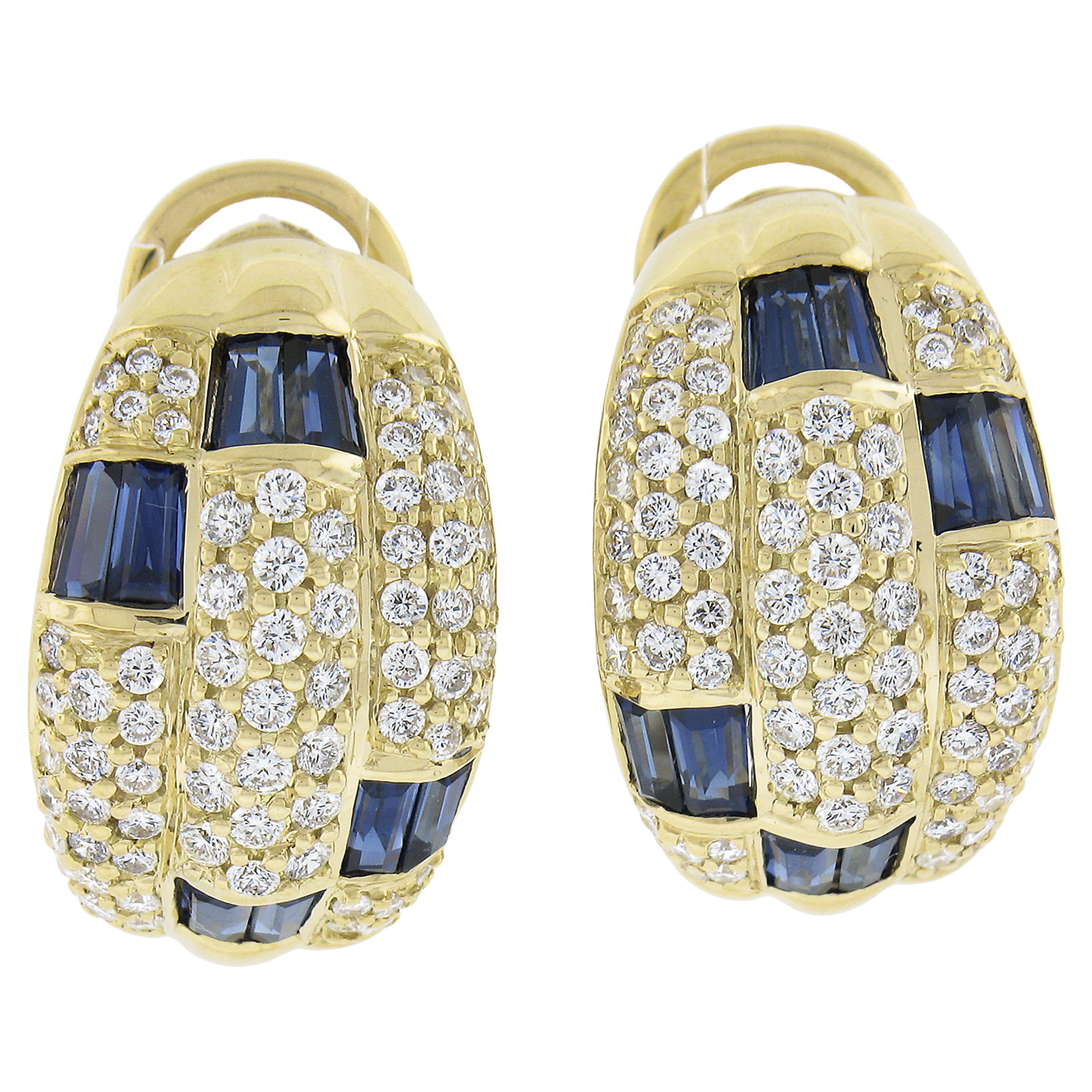 18k Yellow Gold 3.8ctw Sapphire & Diamond 3 Row Swivel Posts Cuff Earrings For Sale