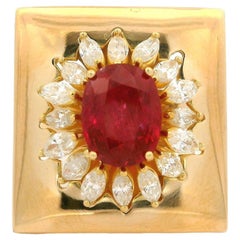 18k Yellow Gold 3.9ctw GIA Ruby 
Marquise Diamond Floral Platter Cocktail Ring