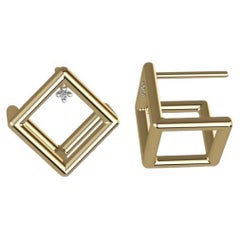 18K Yellow Gold 3D Cube Stud Earrings with Diamond Accent