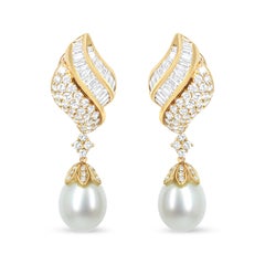 18K Yellow Gold 7.0 Carat Diamond South Sea Pearl Drop Dangle Clip-On Earrings