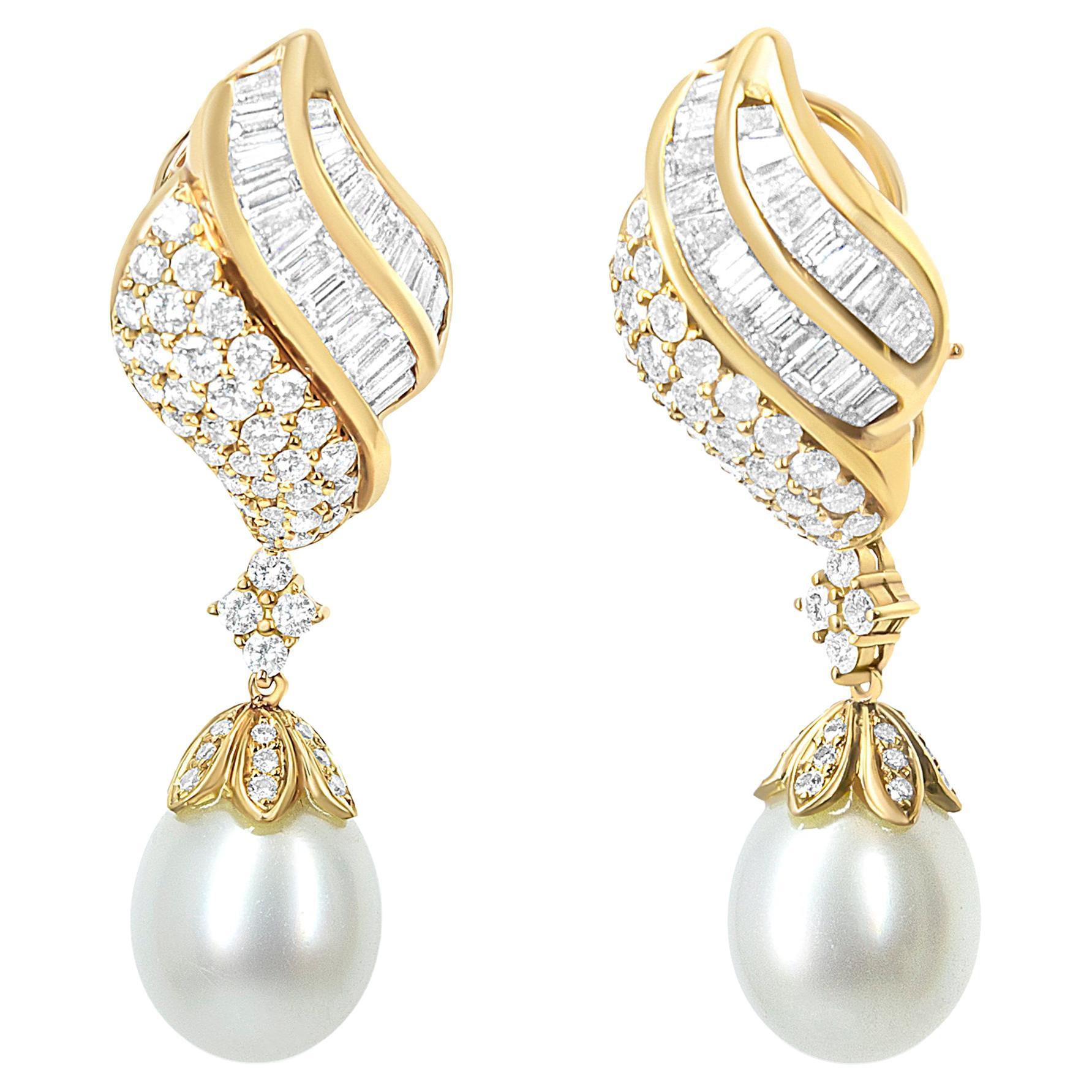 18K Yellow Gold 7.0 Carat Diamond South Sea Pearl Drop Dangle Clip-On Earrings For Sale