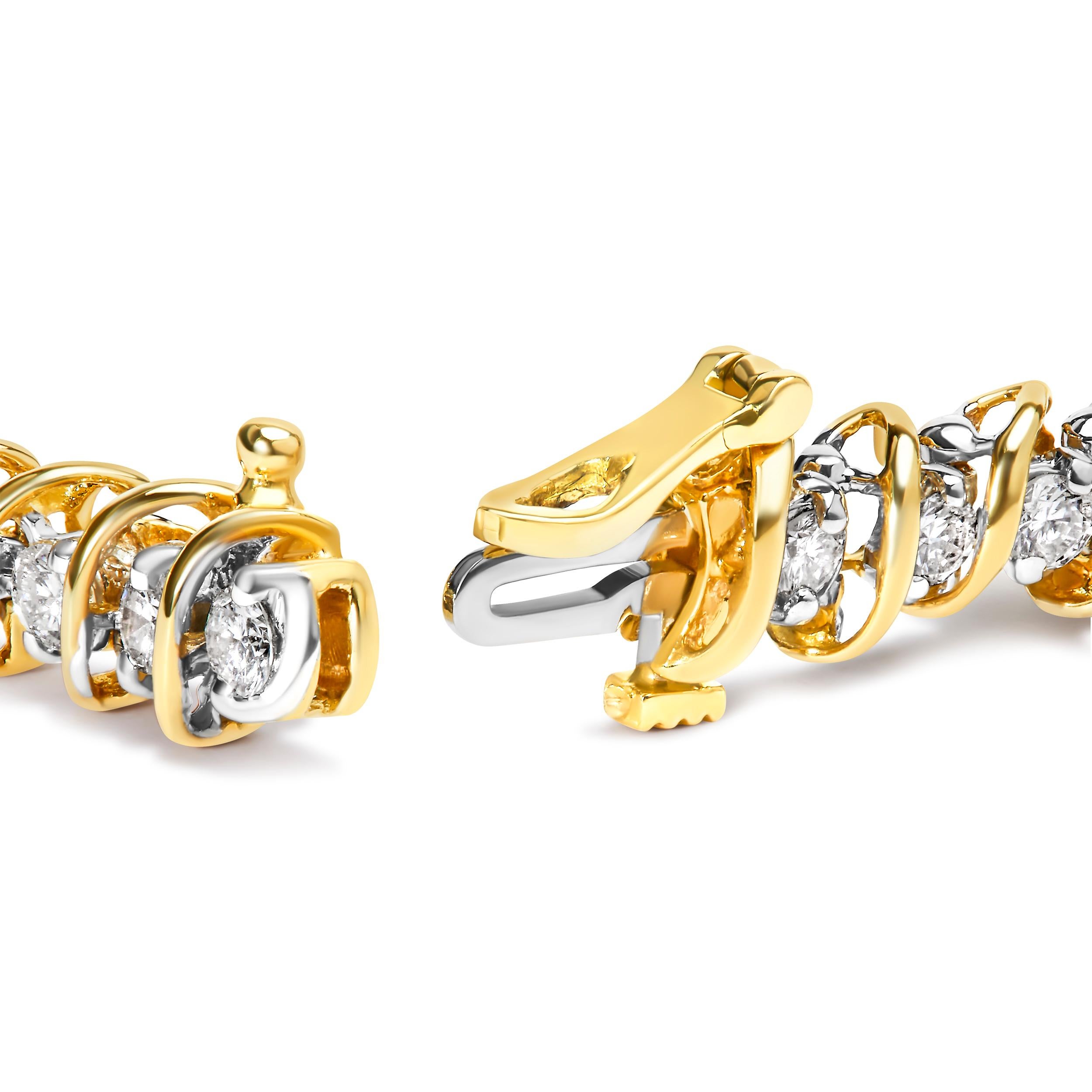 Imagine adorning your wrist with a symphony of elegance and brilliance. This exquisite tennis bracelet, fashioned from lustrous 18K yellow gold, weaves a tale of timeless sophistication and artistry. Each 2-prong set meticulously selected round-cut