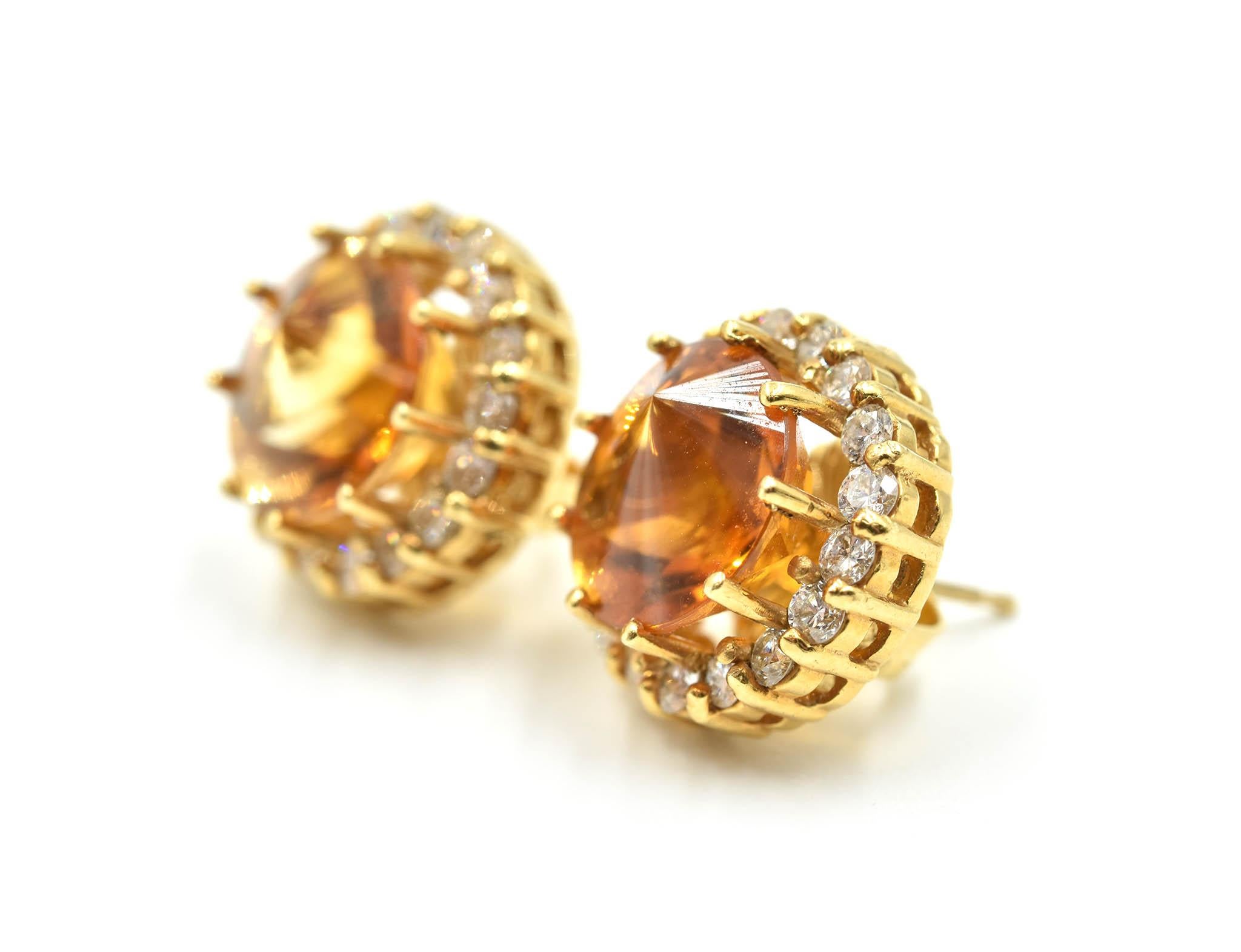 18 Karat Gold, 4.00 Carat Fantasy Cut Citrine with Round Diamond Halo Earrings In Excellent Condition In Scottsdale, AZ