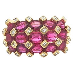 18k Yellow Gold 4.01ctw Oval Ruby & Carre Cut Diamond Wide Domed Band Ring