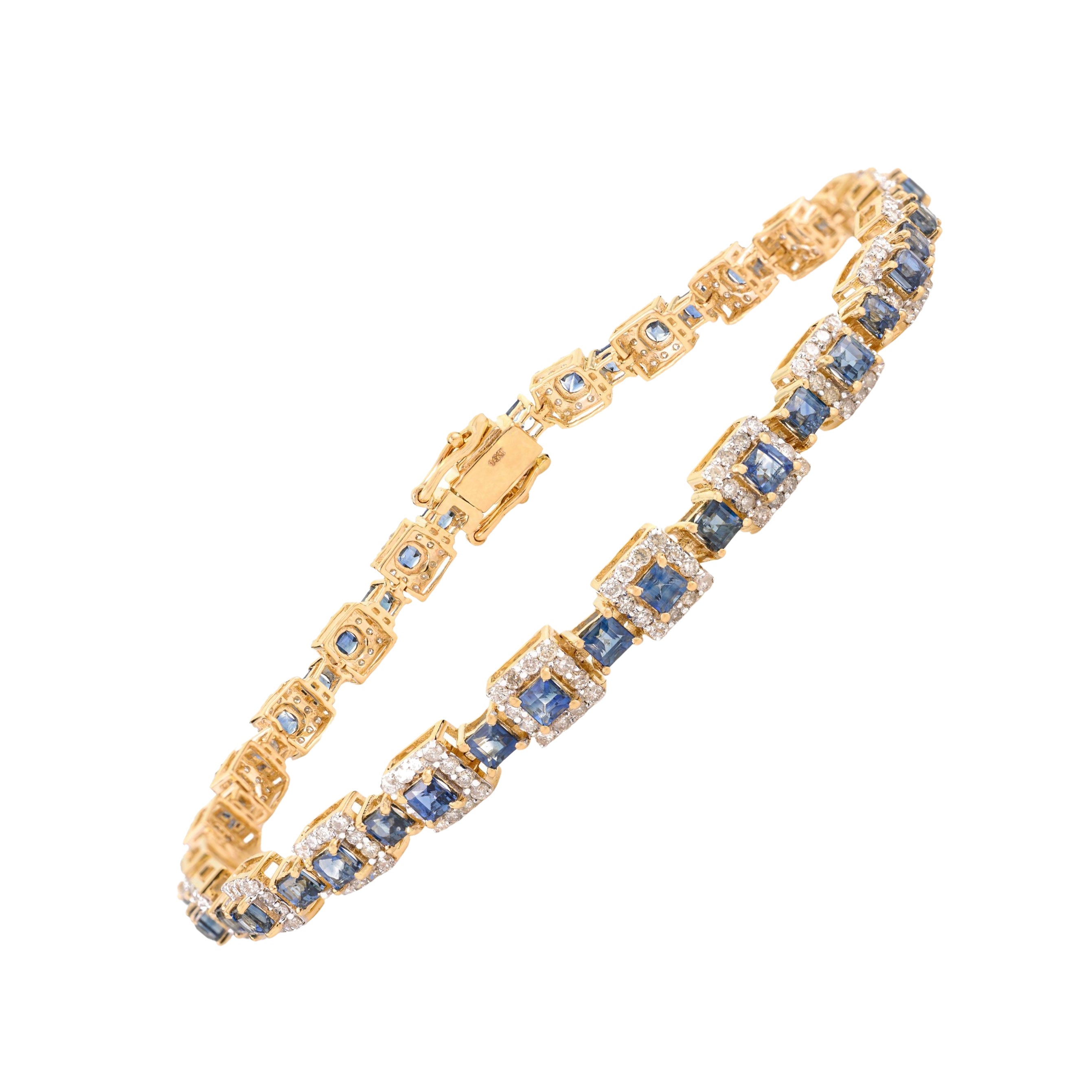 Bracelet de tennis en or jaune 18K avec saphir bleu 4.15 CTW et diamant Halo 1.49 CTW