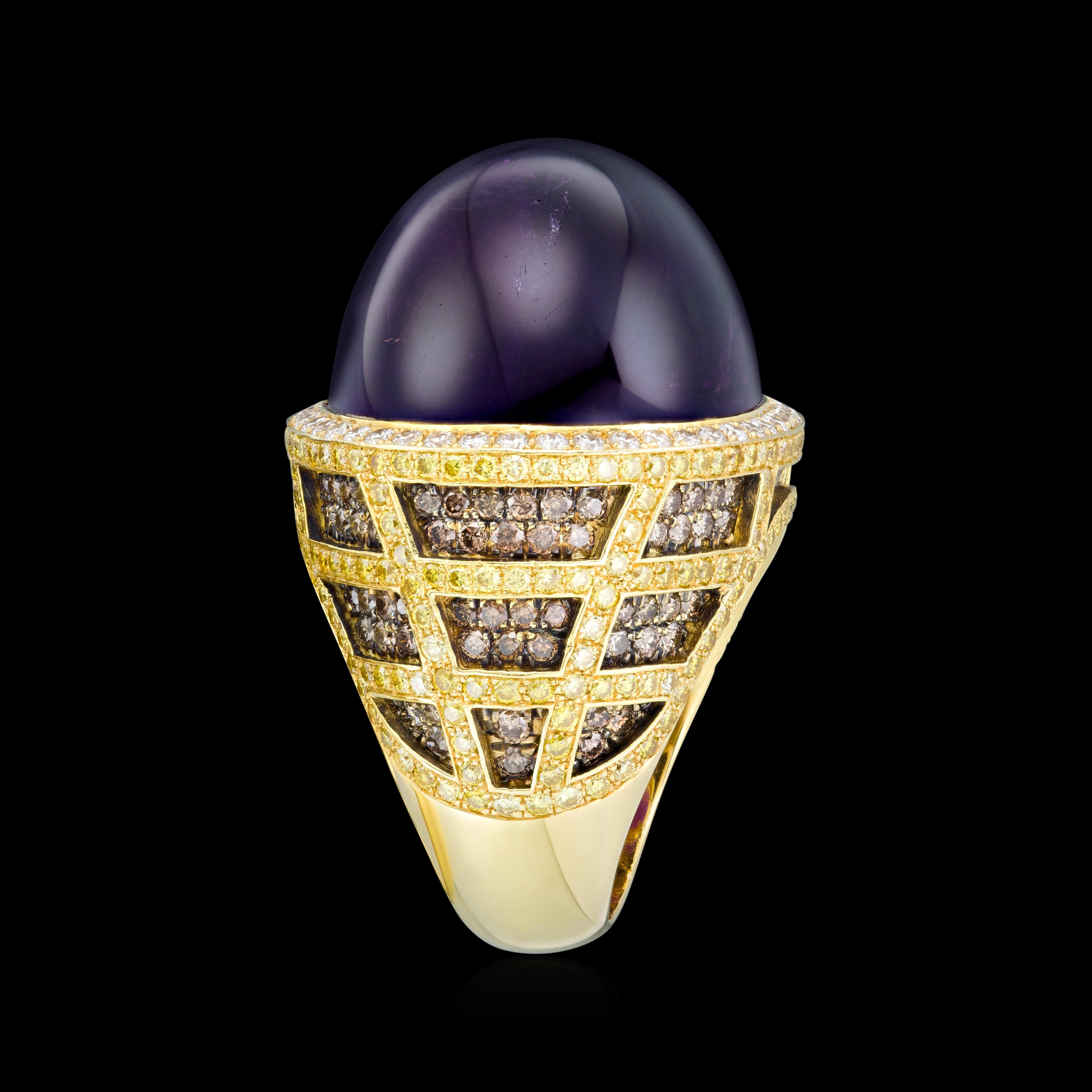 Bright Amethyst cabushion ring set in brown and yellow diamonds