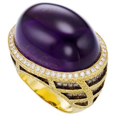 18K Yellow Gold 41.60 Carat Amethyst Cabushion and Brown Diamonds Cocktail Ring