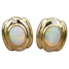 18K Yellow Gold 4.35tcw Natural Oval Opal Diamond Omega Earrings