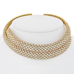 18K Yellow Gold 45 Carat Pave Set Round Diamond Multi-Row Collar Necklace