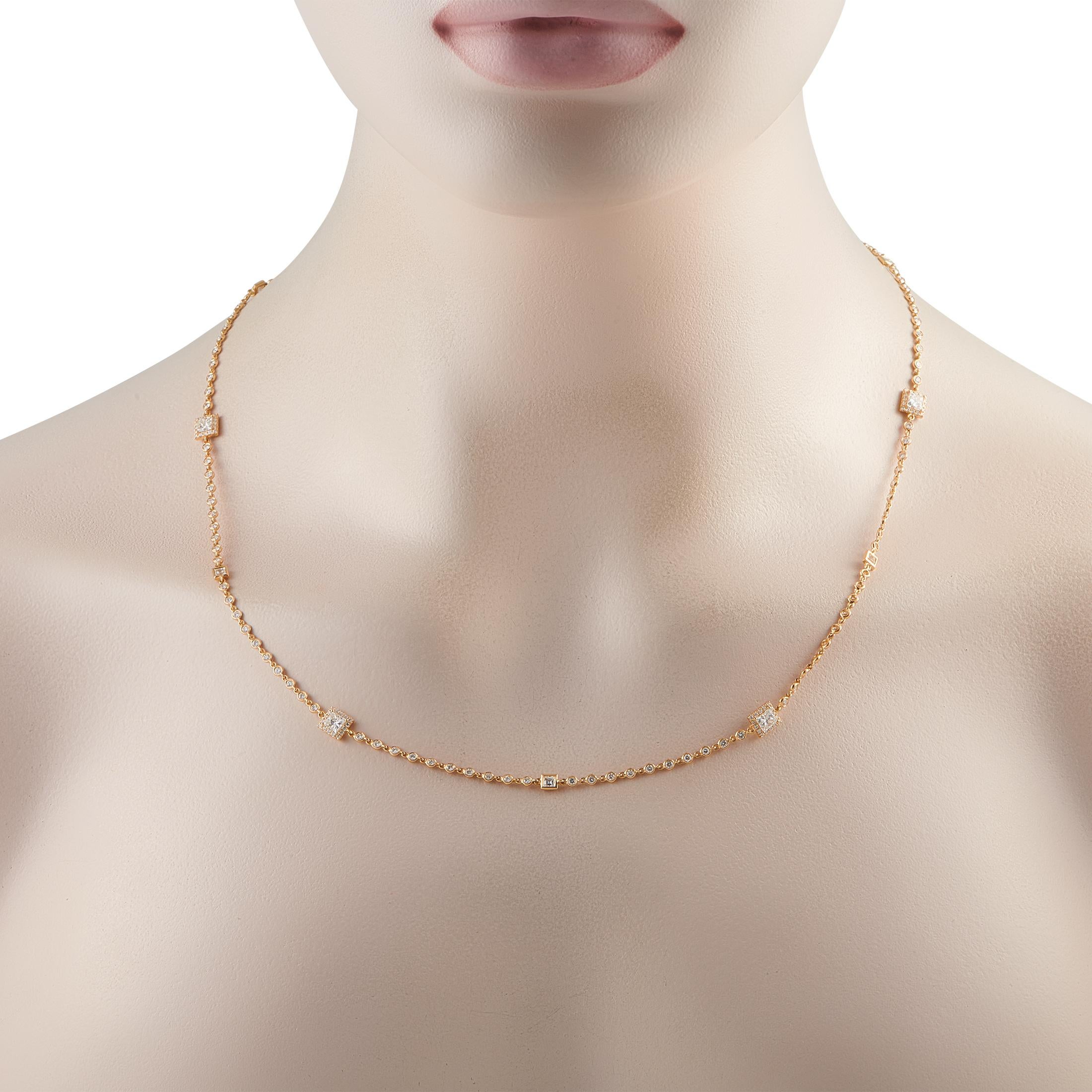 This necklace is nothing short of breathtaking. The 18K Yellow Gold chain makes a statement thanks to a dazzling array of diamonds totaling 4.50 carats. Bold and understated all at once, it measures 21.50 long and comes complete with lobster clasp