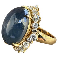 18k Yellow Gold 46.52ctw GIA Blue Star Sapphire w/ Wavy Diamond Frame Ring