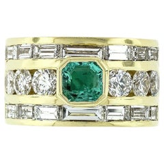 18k Yellow Gold 4.68ctw Square Green Emerald & Diamond Wide Statement Band Ring