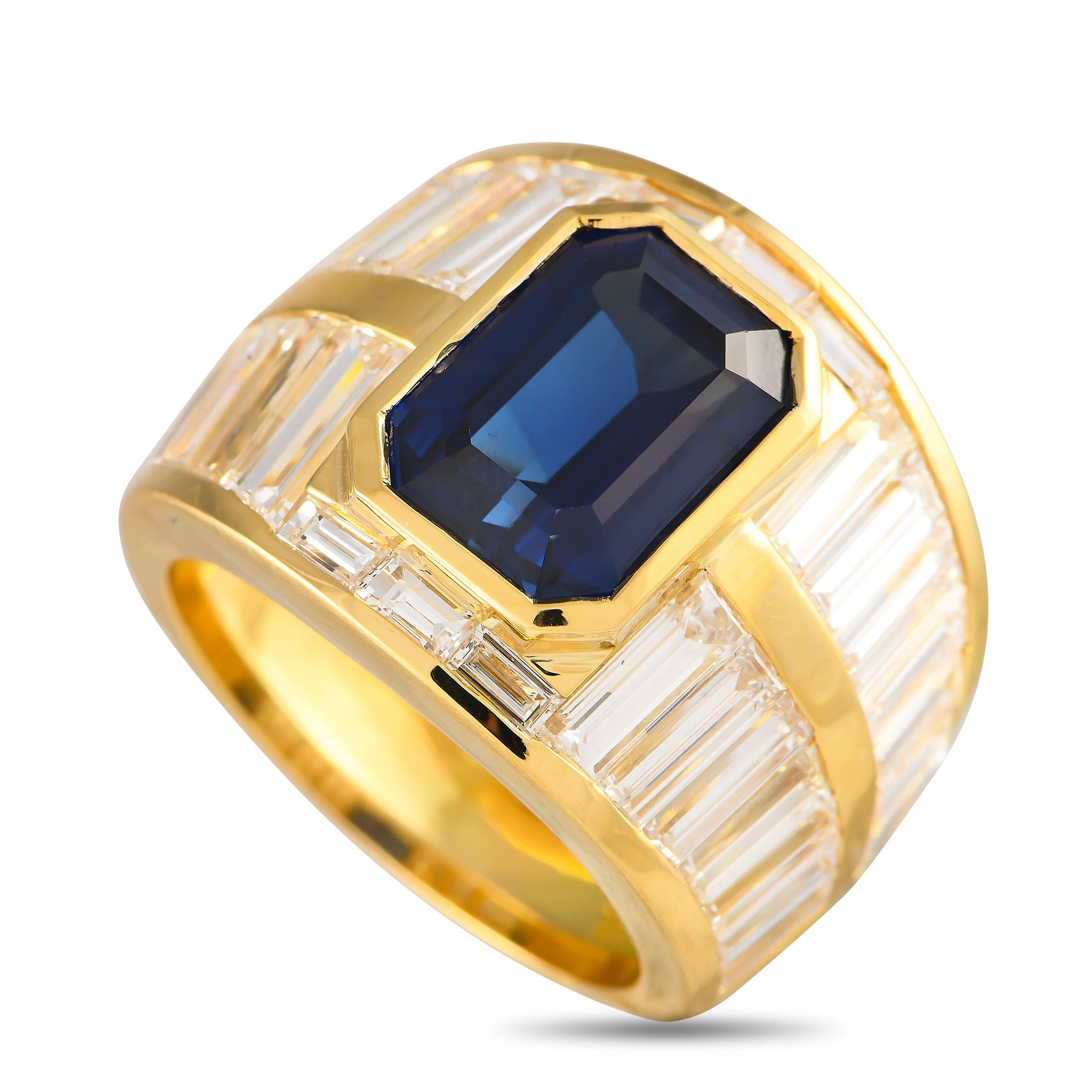 18K Yellow Gold 4.95ct Diamond and Blue Sapphire Ring In Excellent Condition For Sale In Southampton, PA