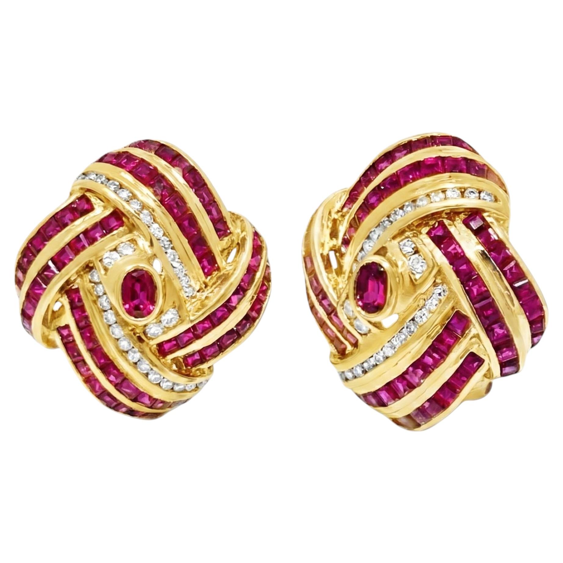 18k Yellow Gold 4cts Rubies & 0.60cts Diamonds Studded Ribbon Wave Earrings