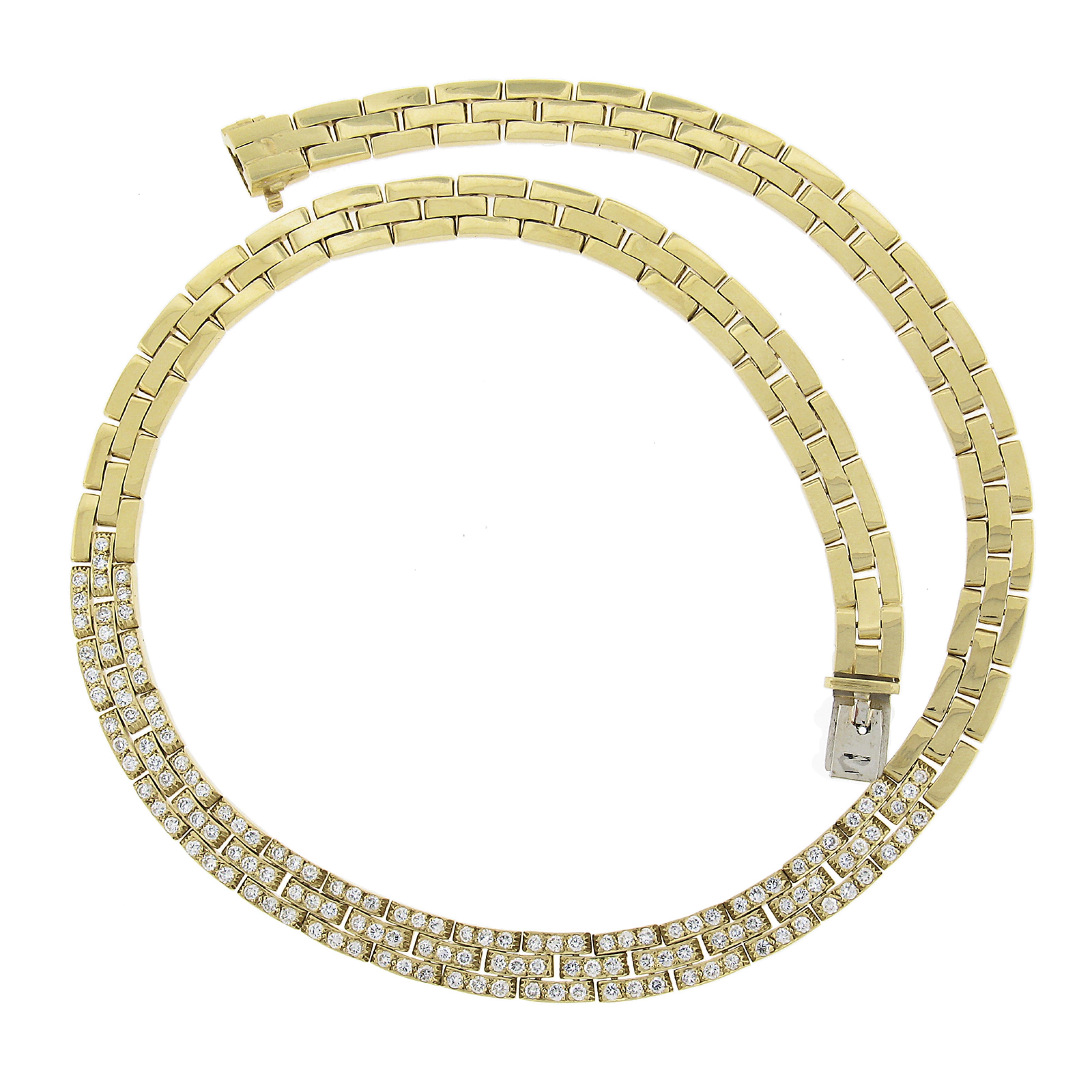 18K Gelbgold 4ctw Pave Diamond 3 Row Brick Link Chain Statement Halskette im Zustand „Hervorragend“ im Angebot in Montclair, NJ