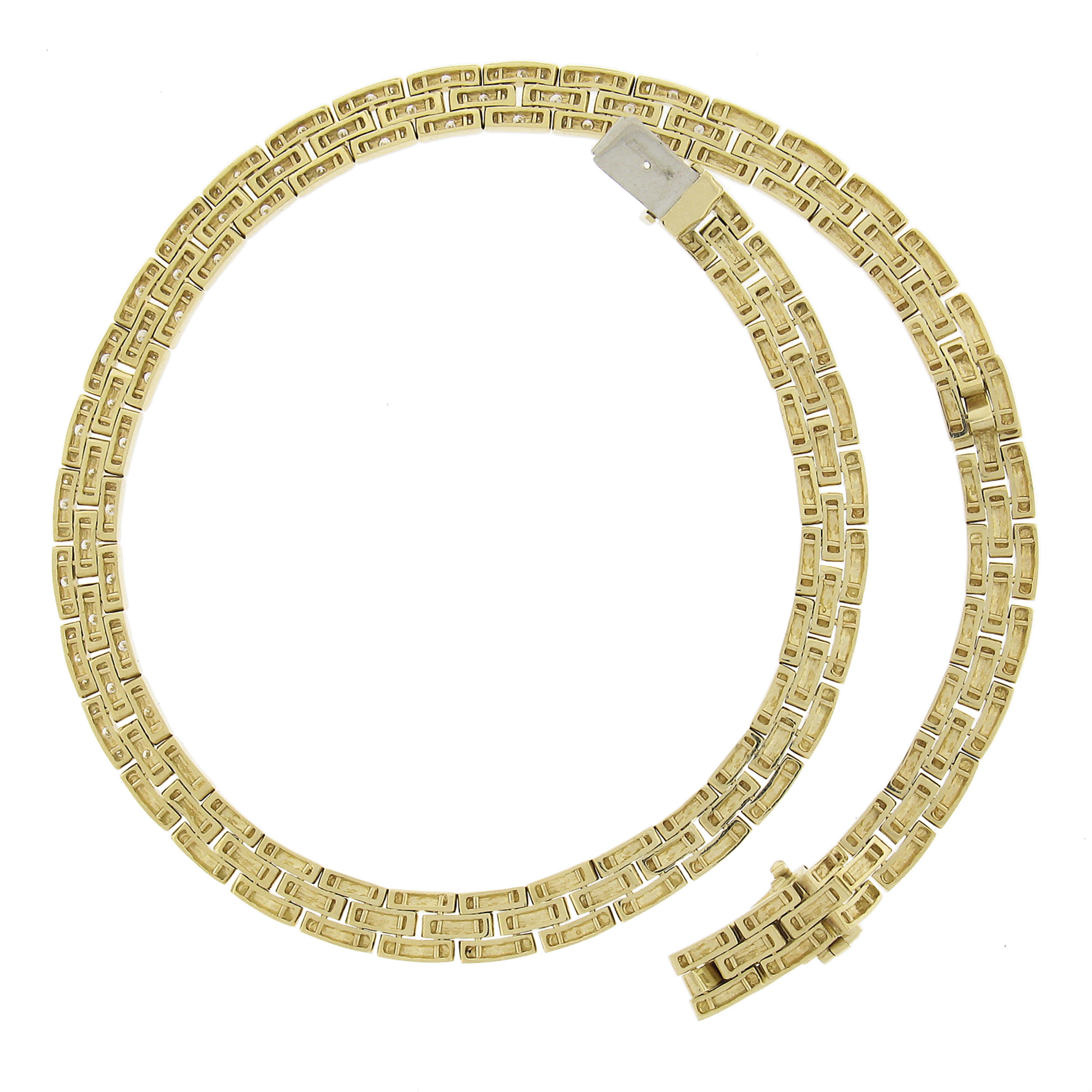 18K Gelbgold 4ctw Pave Diamond 3 Row Brick Link Chain Statement Halskette Damen im Angebot