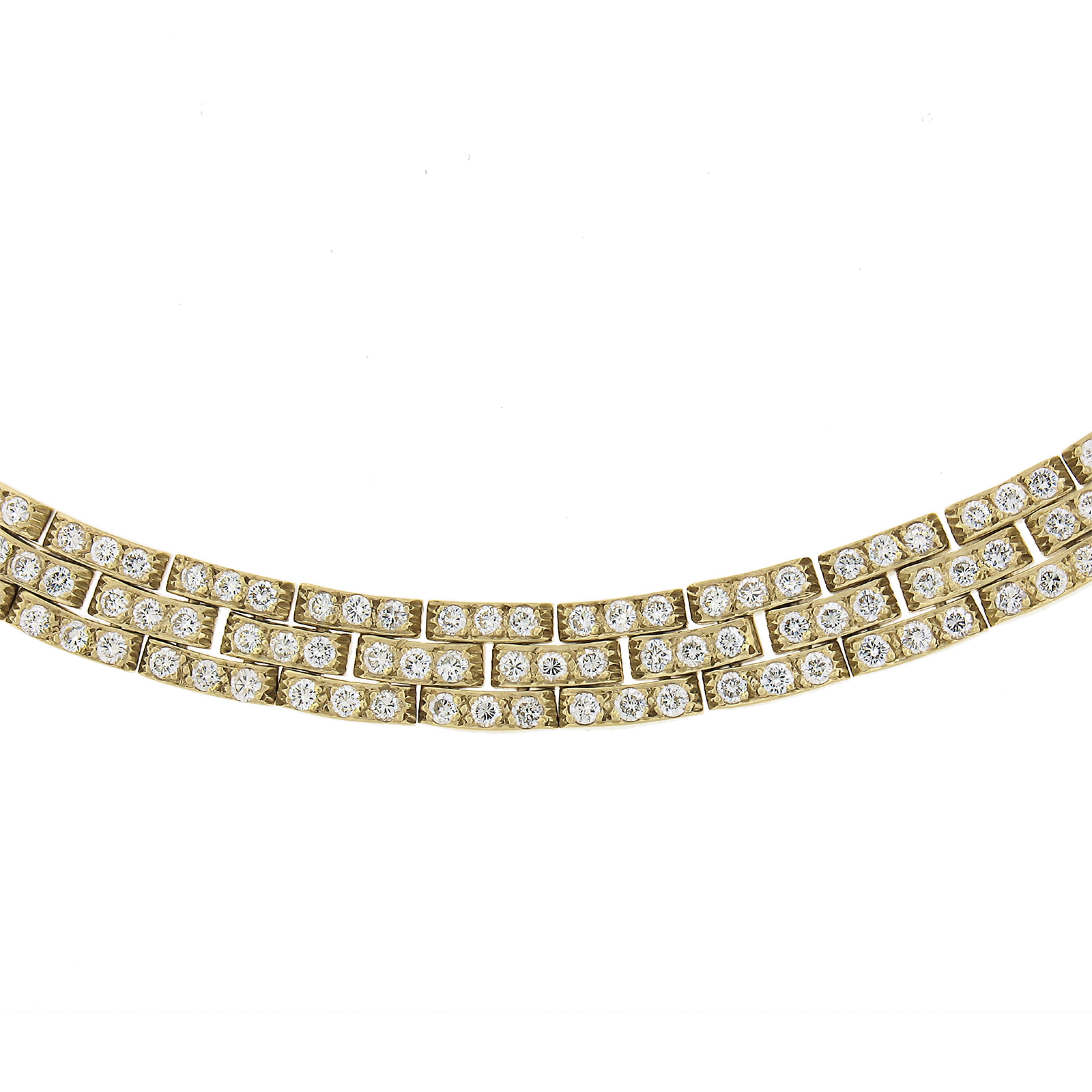 18K Gelbgold 4ctw Pave Diamond 3 Row Brick Link Chain Statement Halskette im Angebot 1