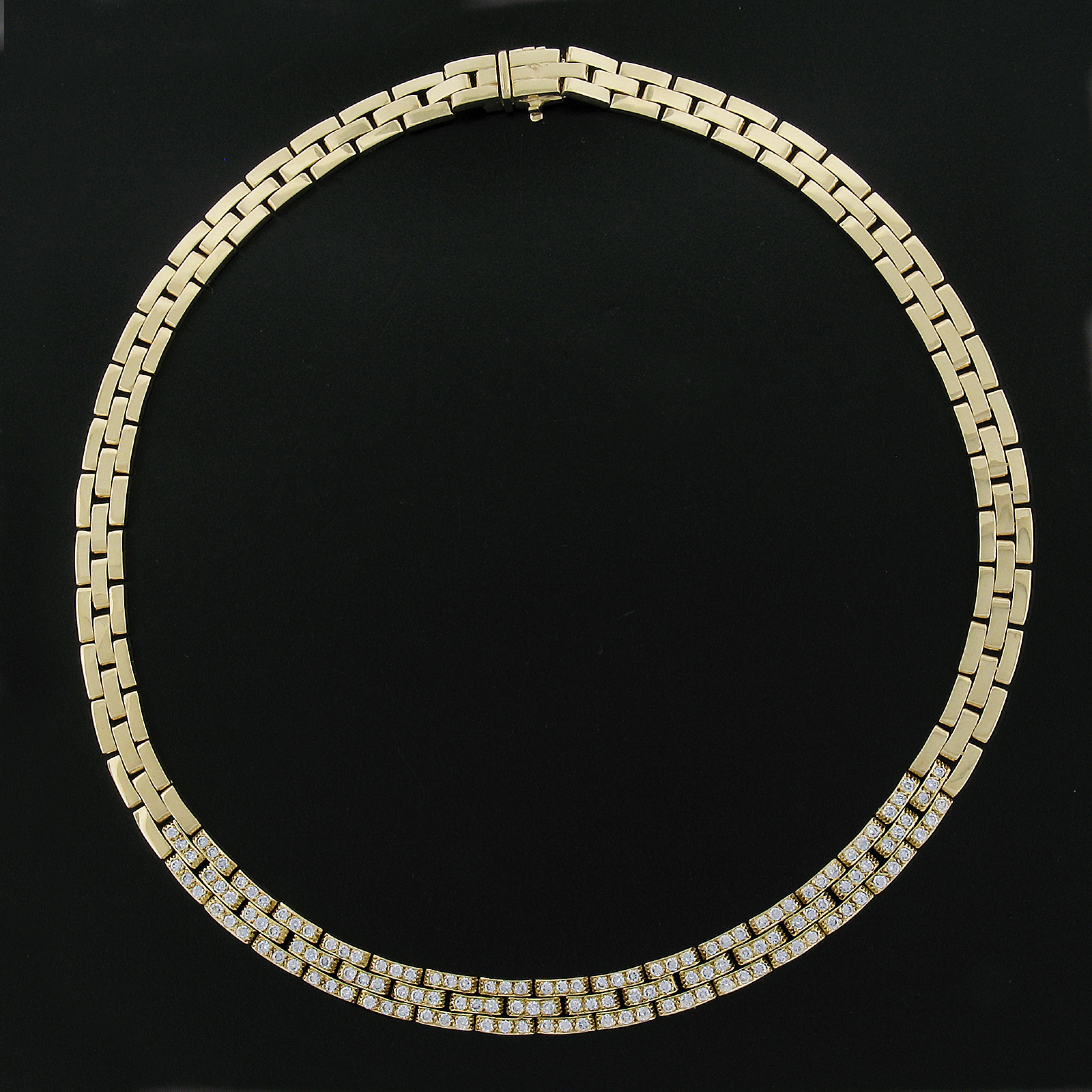 18K Yellow Gold 4ctw Pave Diamond 3 Row Brick Link Chain Statement Necklace For Sale 3