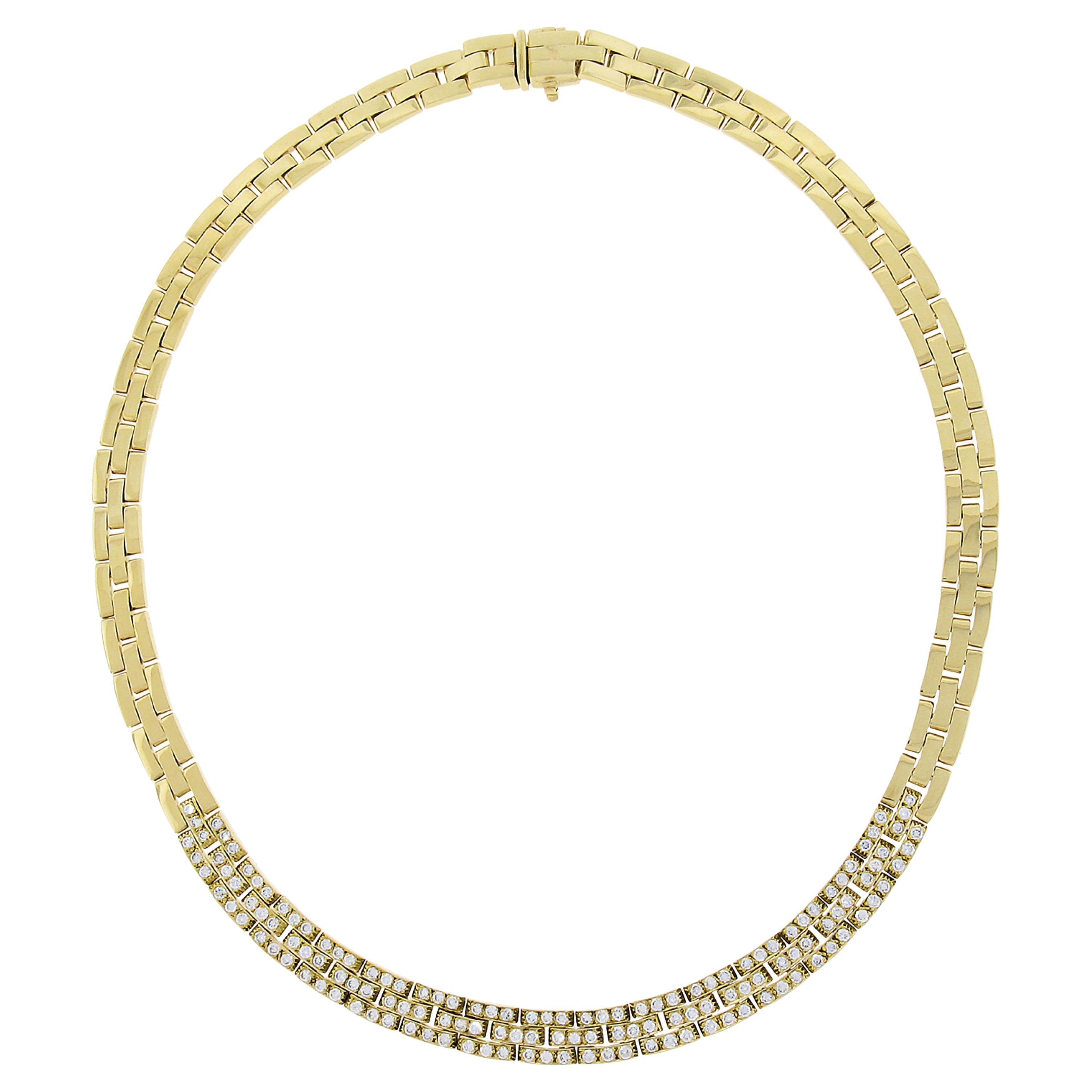 18K Yellow Gold 4ctw Pave Diamond 3 Row Brick Link Chain Statement Necklace For Sale