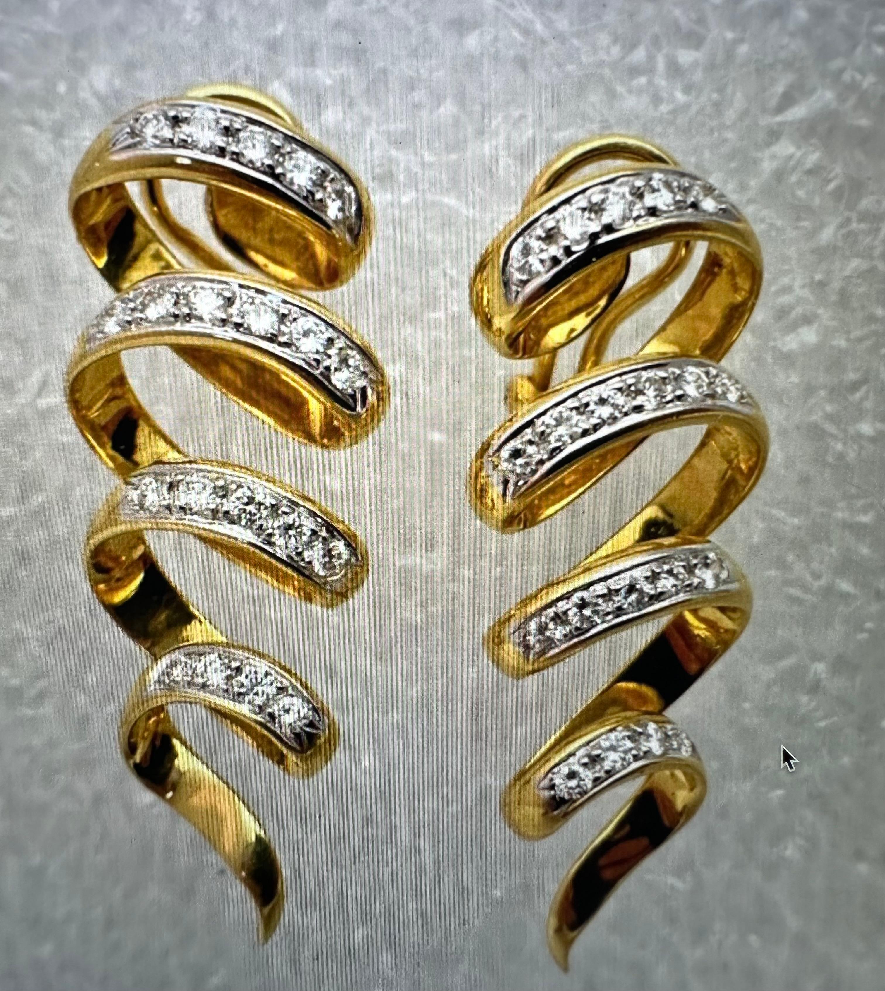 Artisan 18k Yellow Gold ~ 5/8” x 1 3/4” Spiral Glistening Diamond Lever Back Earrings For Sale