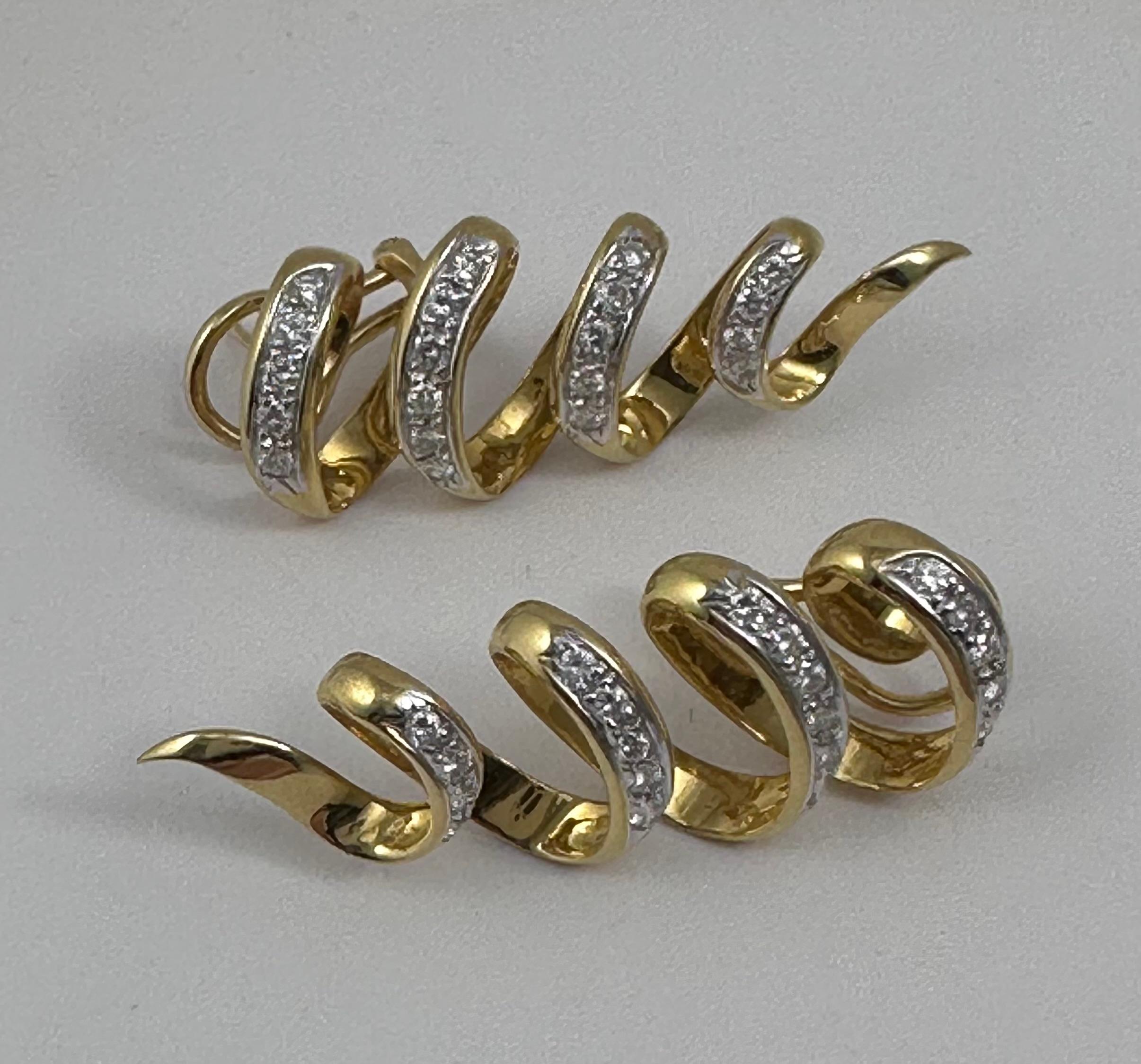 18k Yellow Gold ~ 5/8” x 1 3/4” Spiral Glistening Diamond Lever Back Earrings For Sale 1