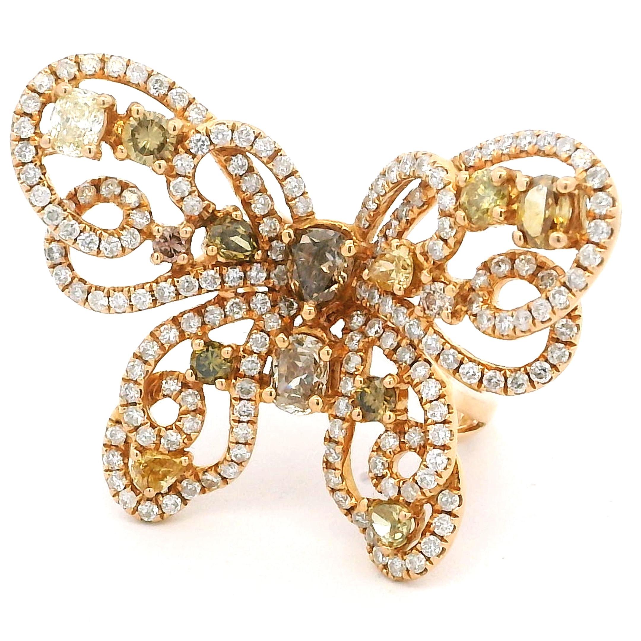 18K Yellow Gold 5 Carat Natural Fancy Color Diamond Butterfly Cocktail Ring For Sale 4