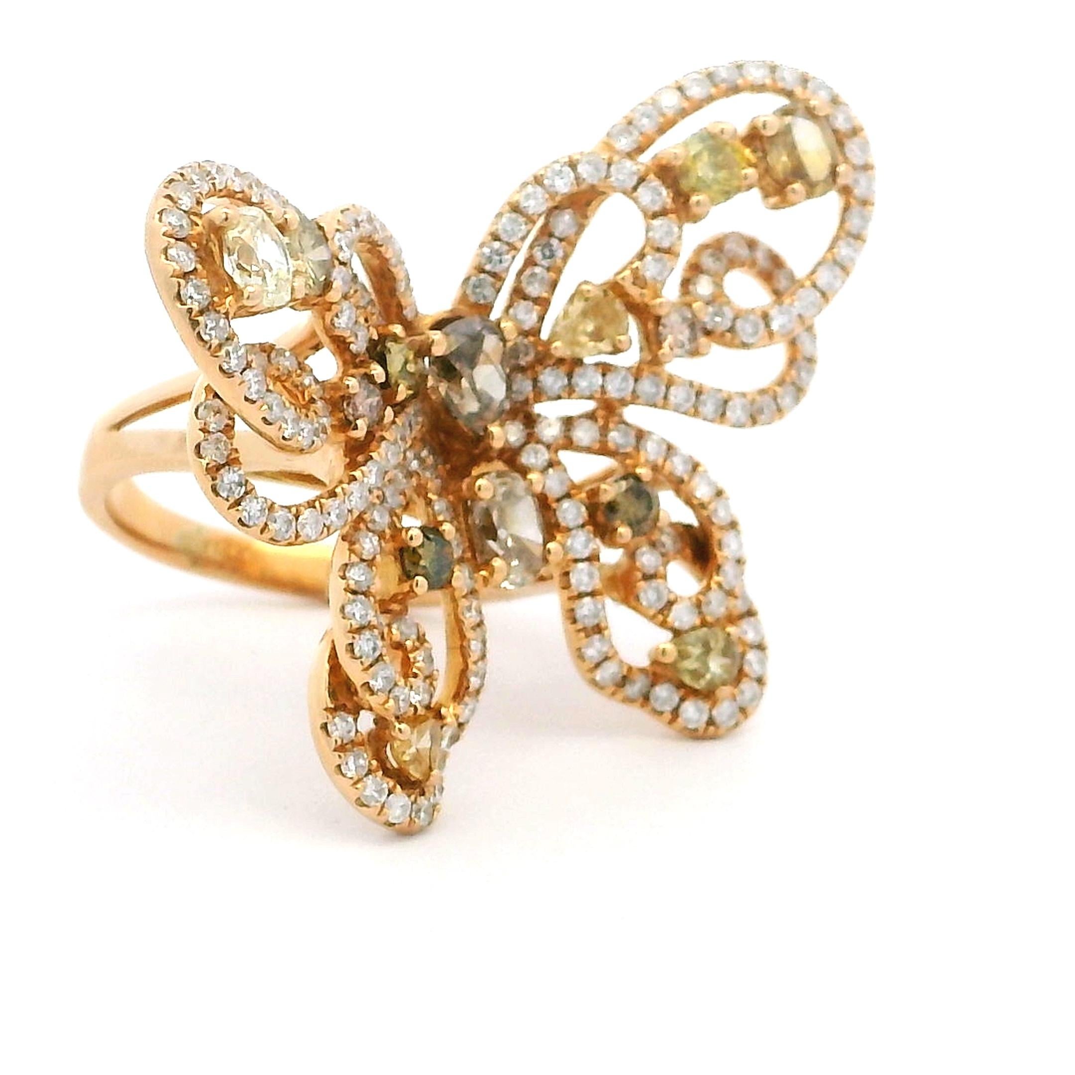 18K Yellow Gold 5 Carat Natural Fancy Color Diamond Butterfly Cocktail Ring For Sale 5